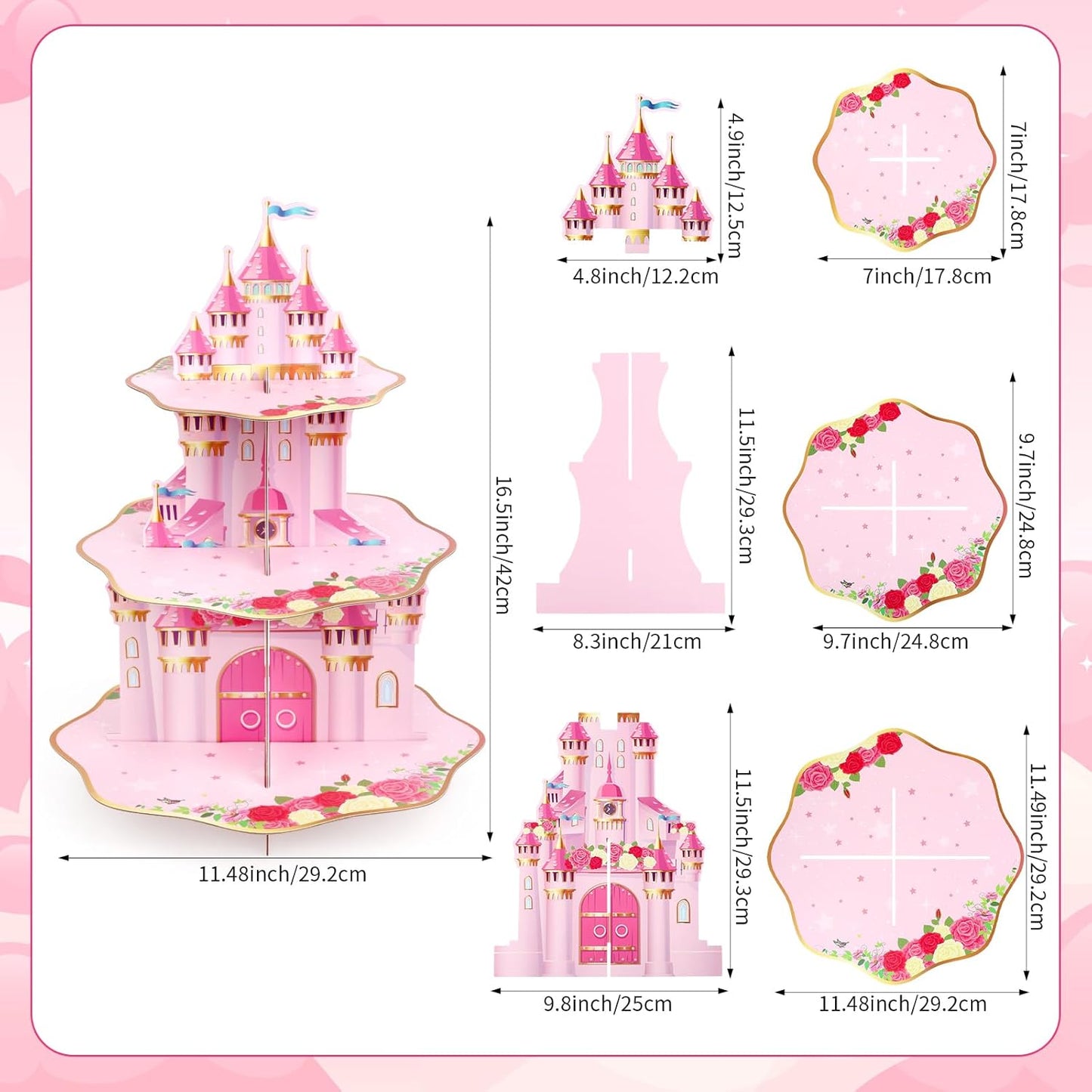 Soporte cupcakes 3 niveles castillo rosa fiesta niña
