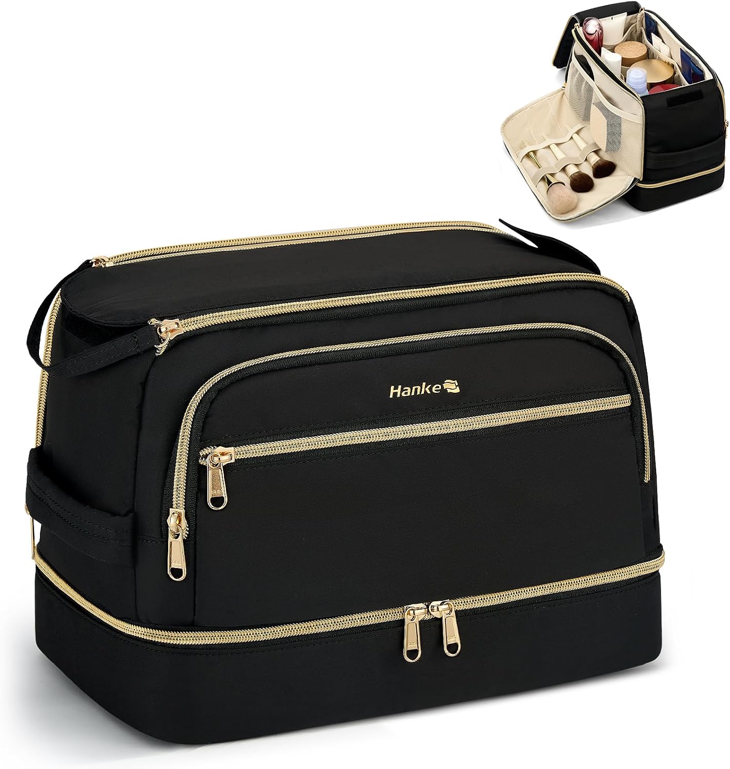 Bolsa de viaje doble capa para maquillaje y aseo resistente al agua