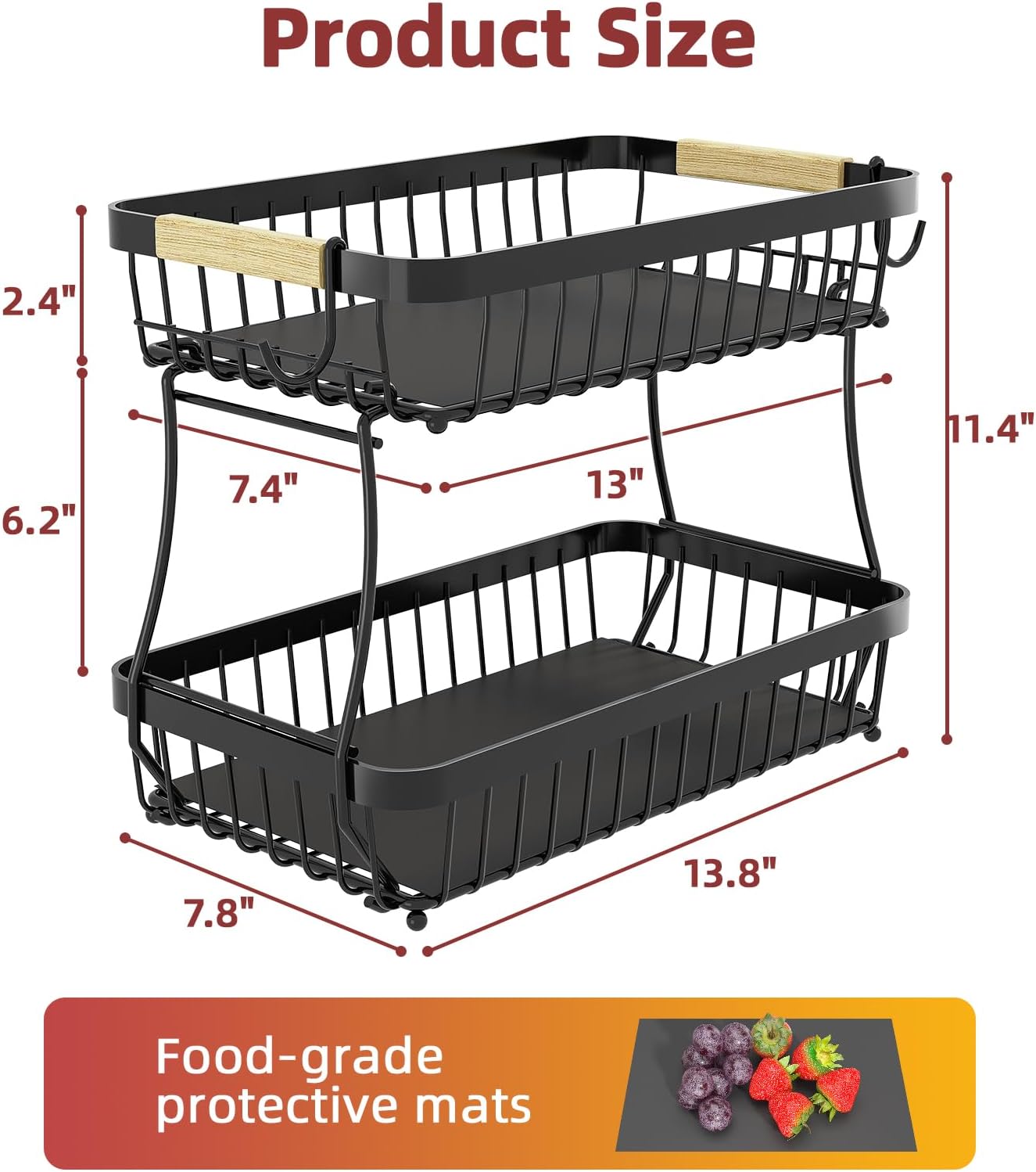 Cesta de frutas grande Sevenblue para encimera con ganchos y contenedores