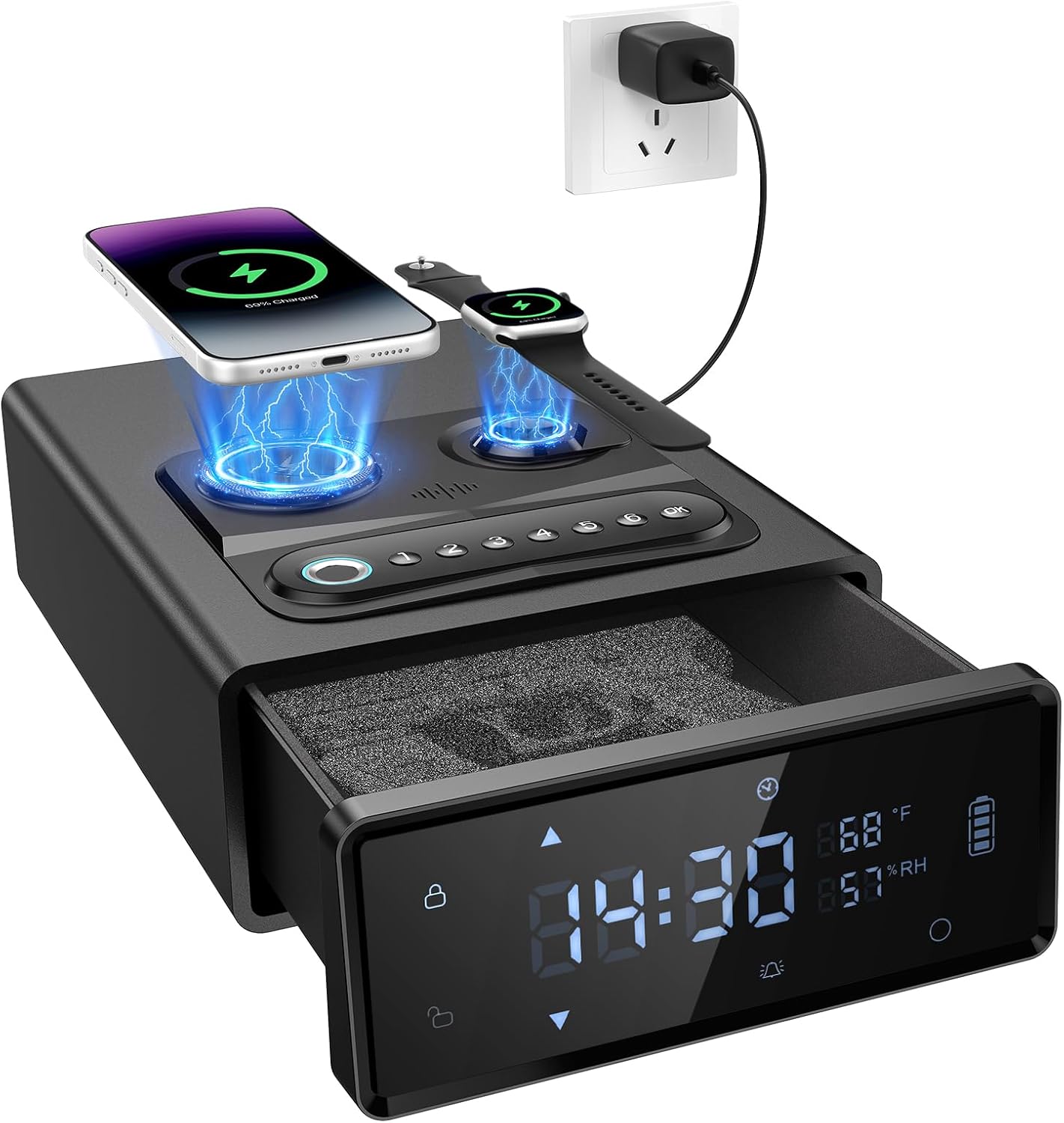 Caja fuerte biométrica 2en1 con reloj y teléfono