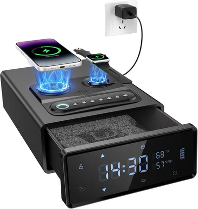 Caja fuerte biométrica 2en1 con reloj y teléfono
