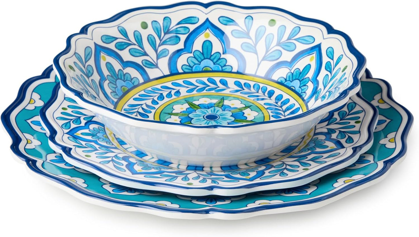 Juego de vajilla de melamina de 12 piezas servicio para 4 arte talavera mandala turquesa azul amarillo
