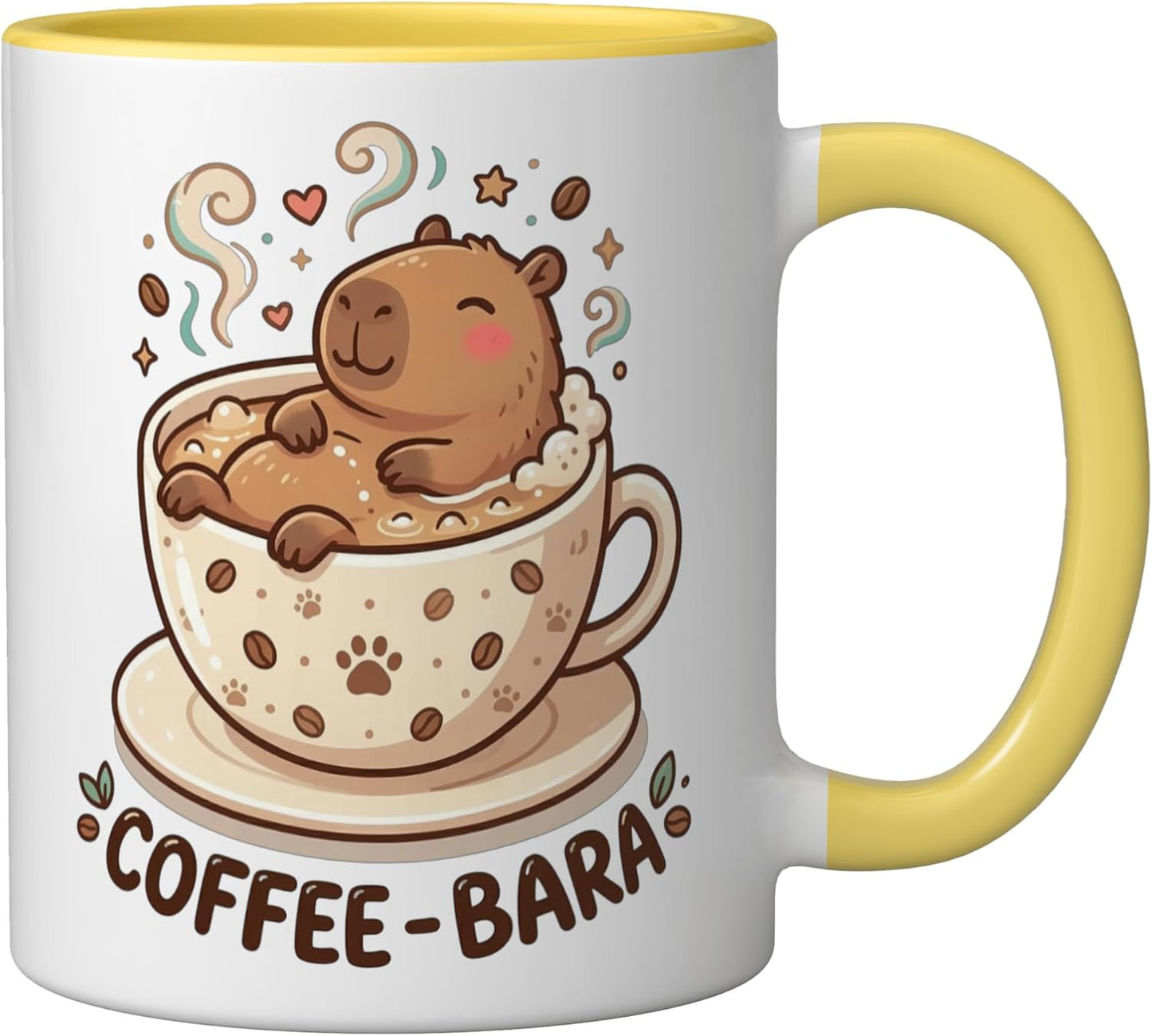 Taza cerámica amarillo/blanco con diseño de capibara amante del café