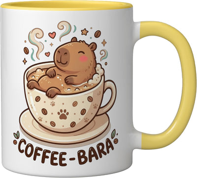 Taza cerámica amarillo/blanco con diseño de capibara amante del café