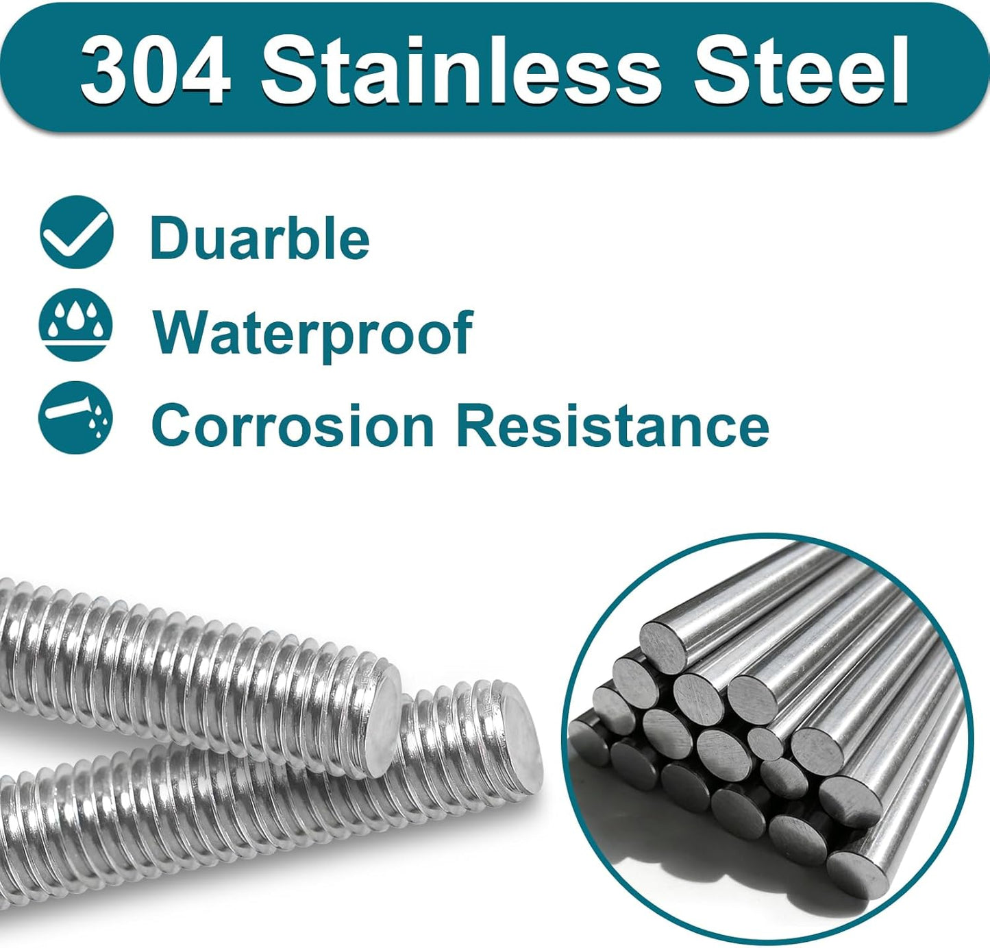 Varillas roscadas M6 x 9.843pulg acero inox 304 derechas 2uds