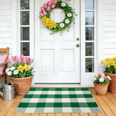 Alfombra cuadros verdes y blancos 24x35pulg puerta entrada