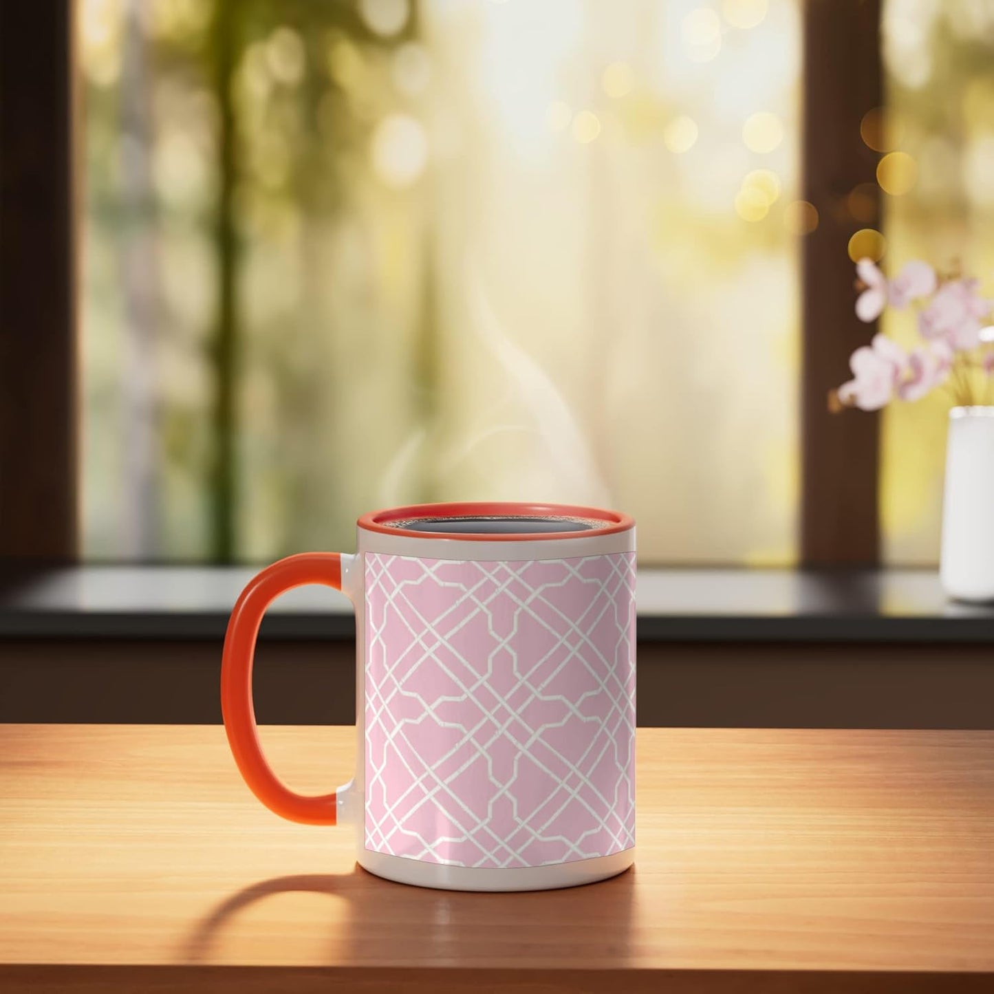 Taza cerámica Pink Trellis Preppy Chinoiserie con patrón de enrejado naranja/blanco