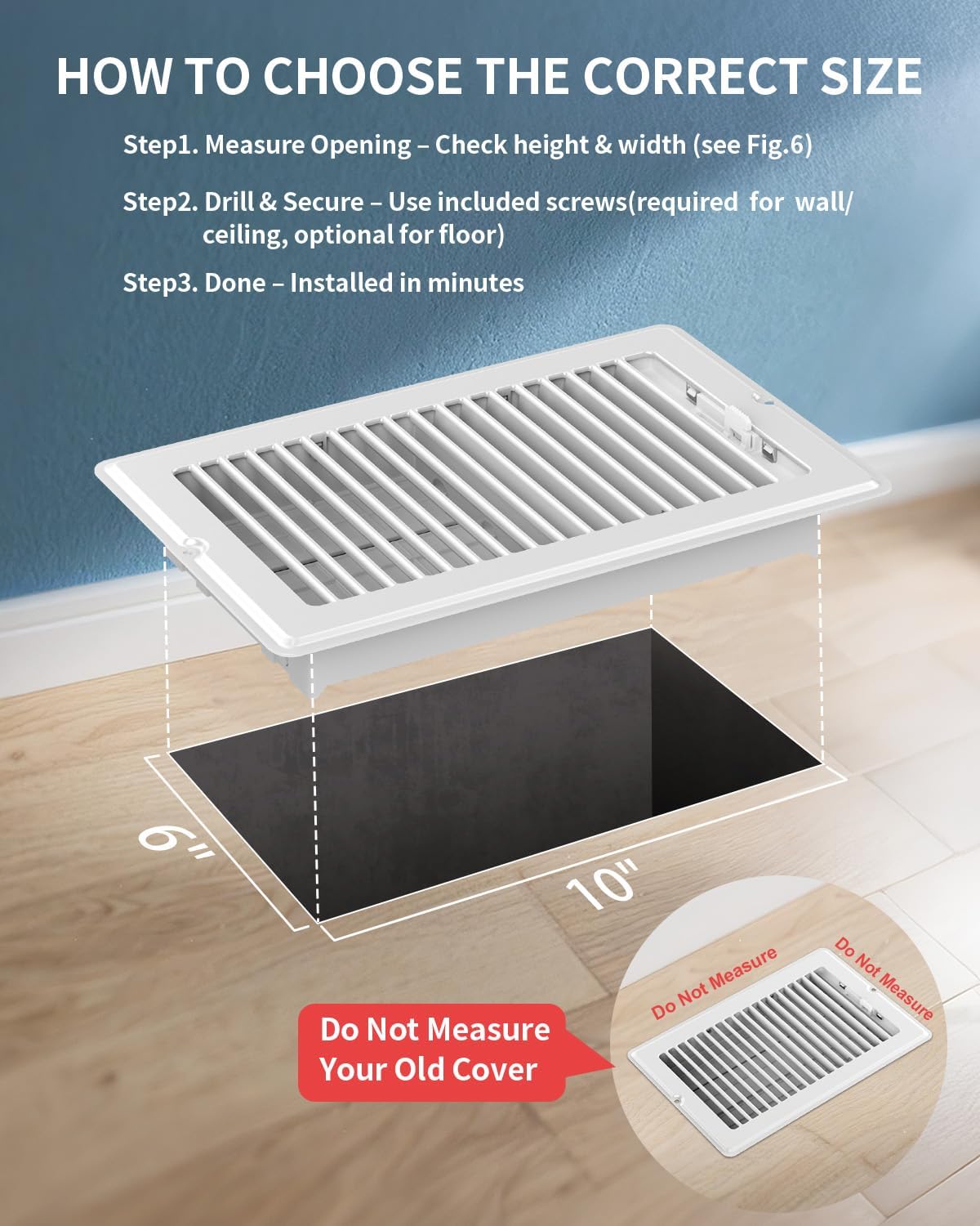 Registro suelo techo 6x10pulg ventilación aire acero blanco