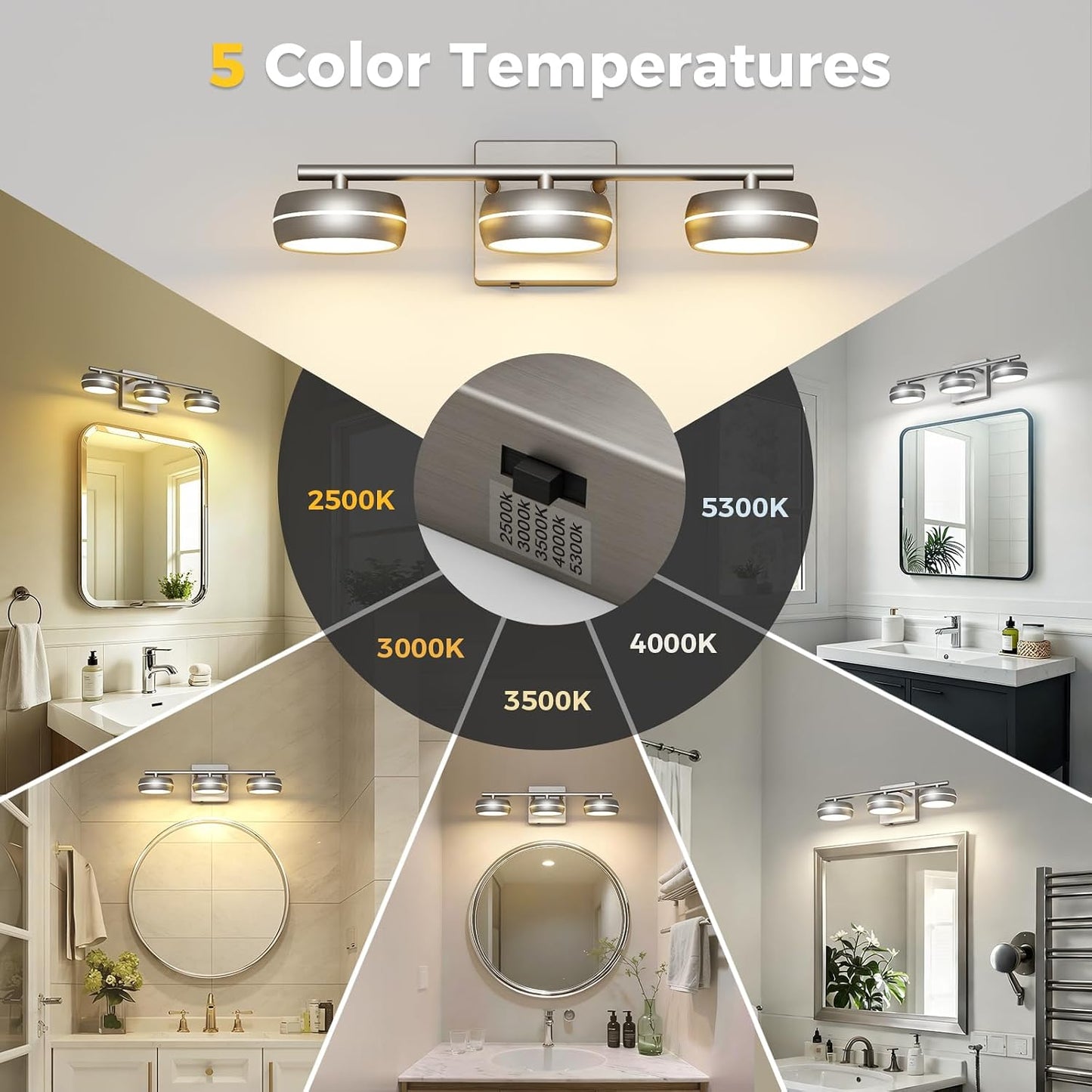 Lámpara tocador 3 luces níquel cepillado regulable para espejo baño