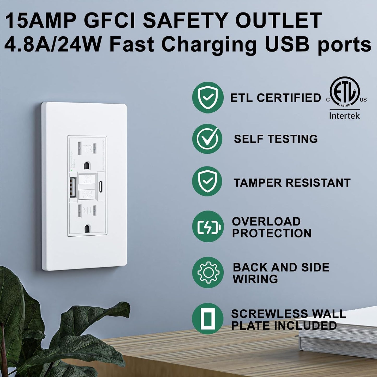 4 Tomacorrientes GFCI 15A con USB 4.8A LED
