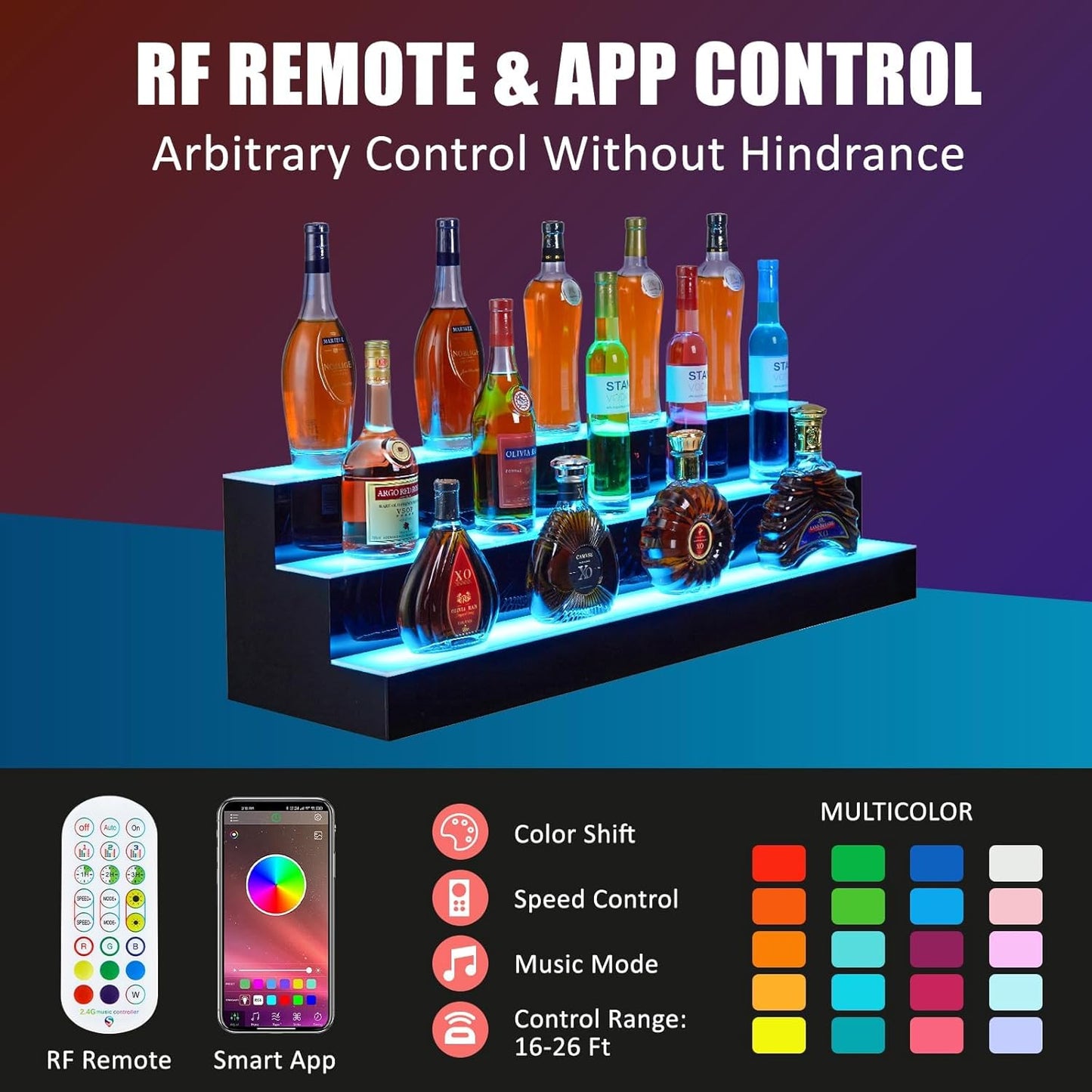 Estantería para botellas de licor con luces LED, 3 niveles 60 pulgadas acrílica con control remoto y app