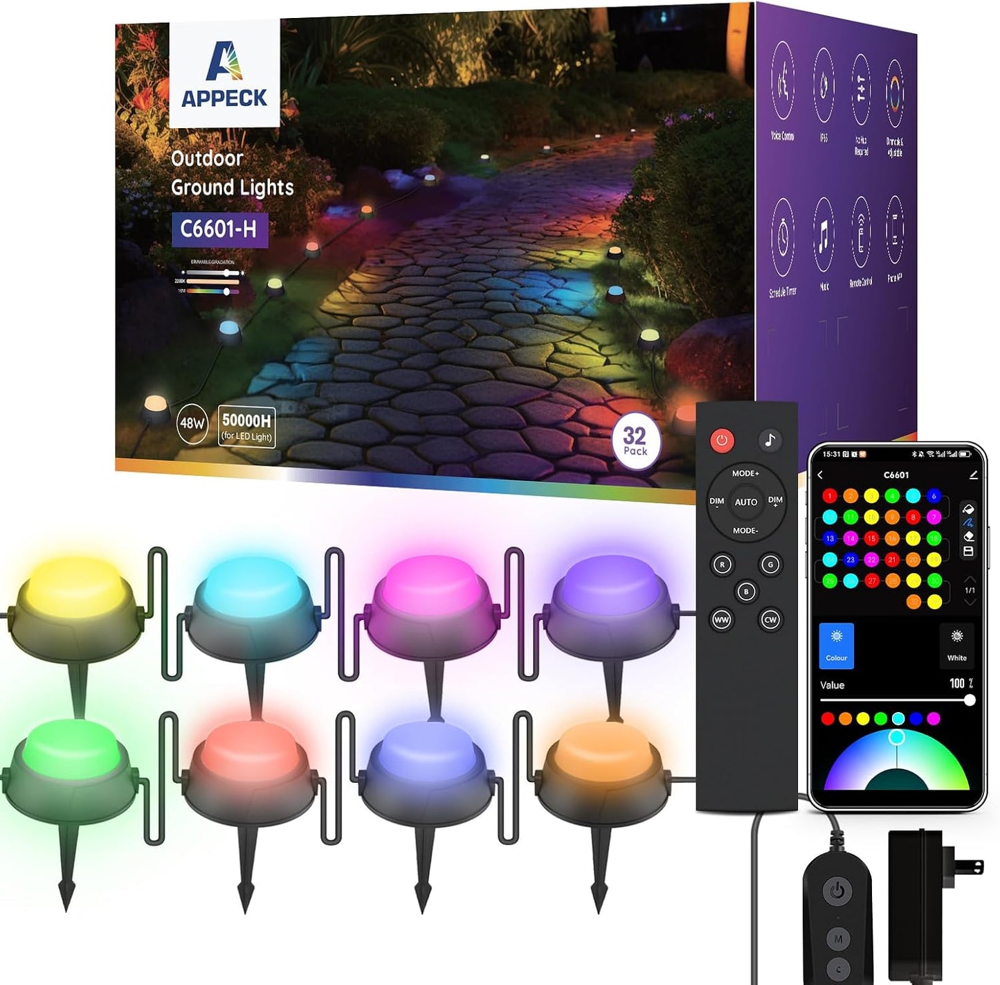 32 Luces Suelo Exteriores RGBW 100ft Control App/Voz 2200K