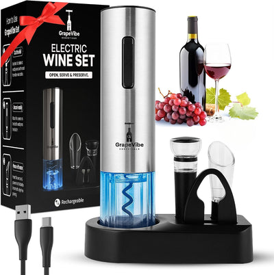 Abridor vino eléctrico 5en1 con base carga y aireador