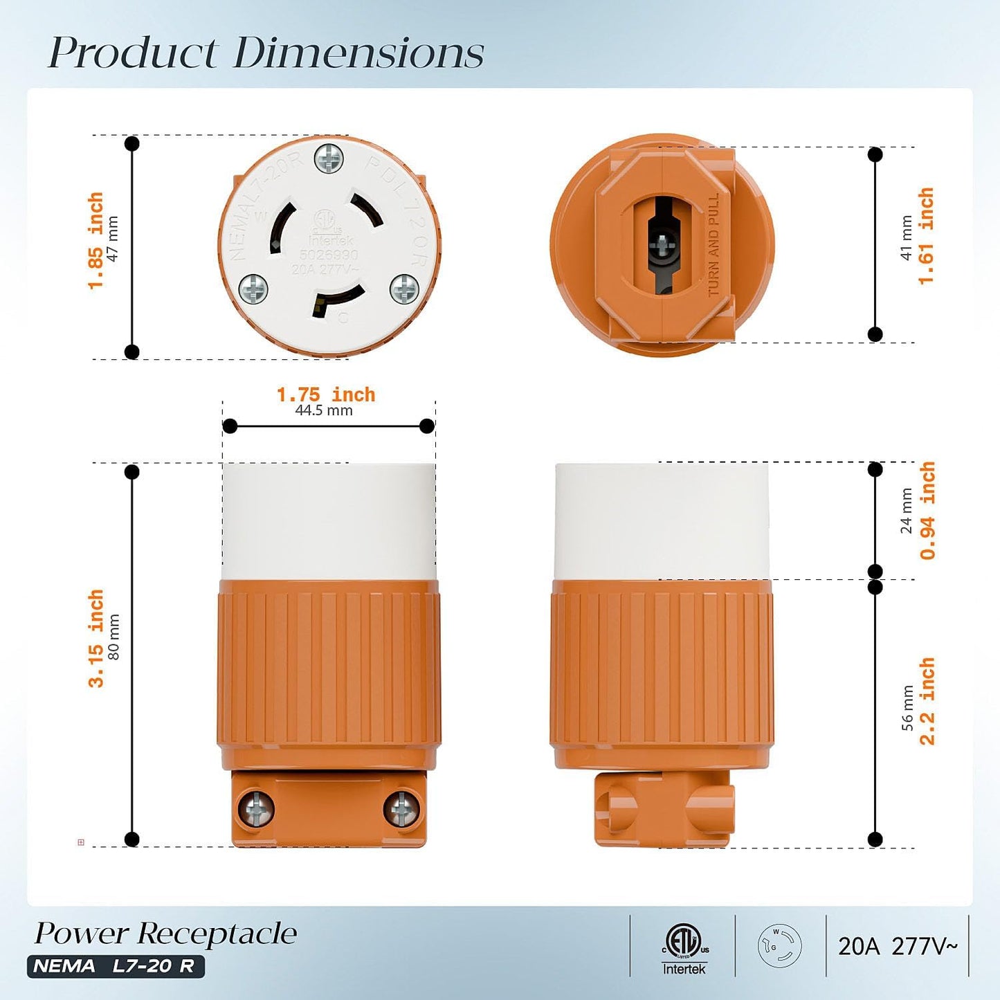 Enchufe L7-20R 20A 277V conector CA hembra grado industrial