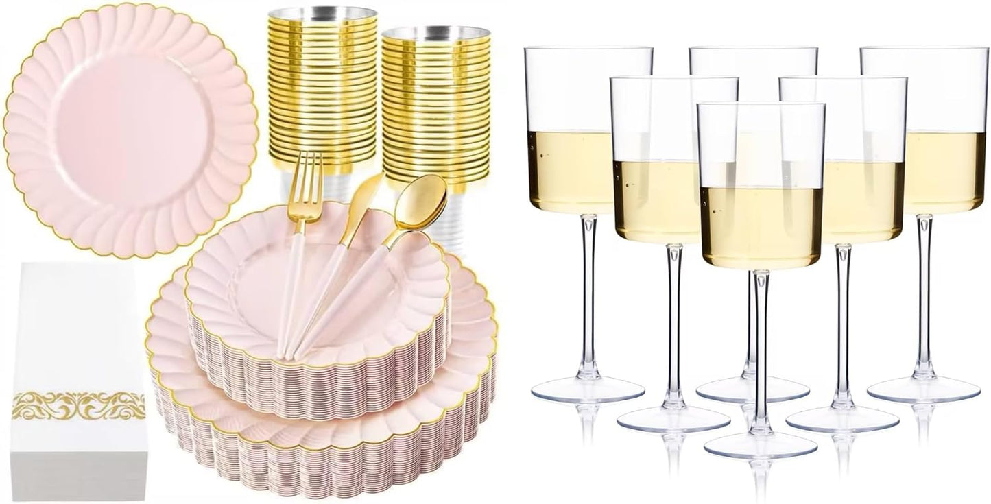 Set 6 Copas Vino Plástico Festoneado Rosa Ribete Dorado
