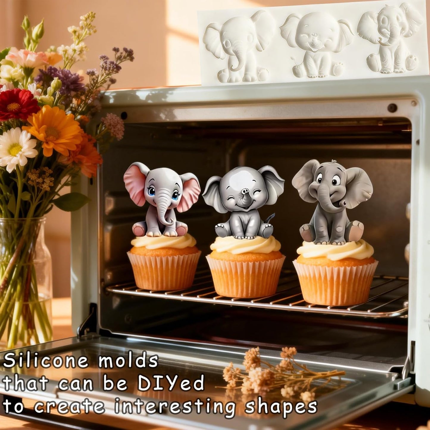 Molde silicona 3D 3 cavidades para pasteles elefante selva dulces