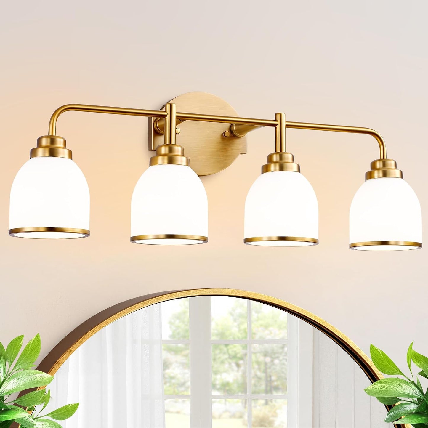 Lámpara baño 4 luces dorado cepillado con globo blanco vintage