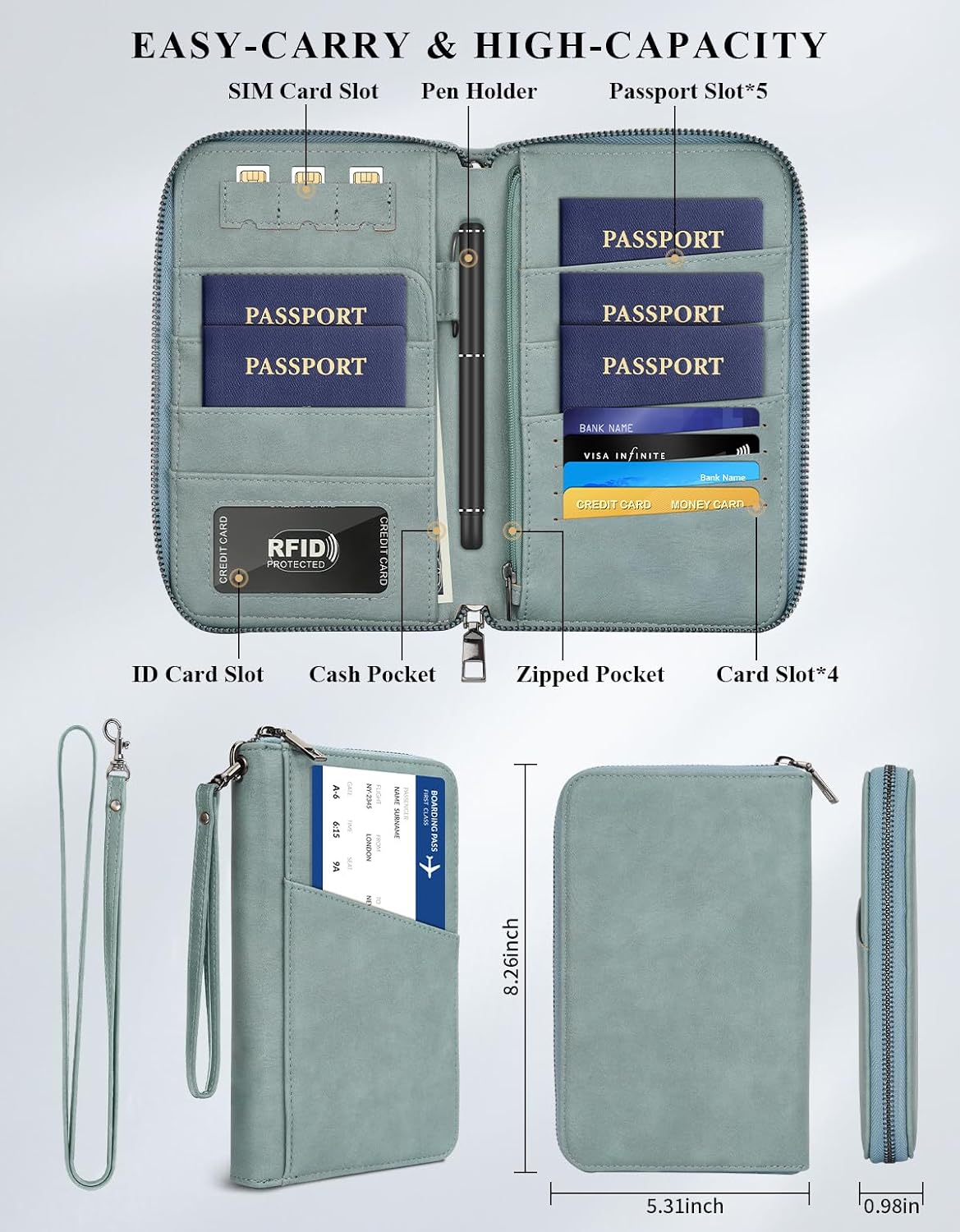 Cartera pasaporte RFID con correa muñeca y cuello