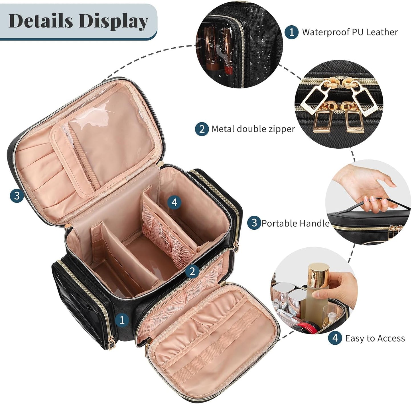 Bolsa maquillaje portátil con compartimentos para mujer
