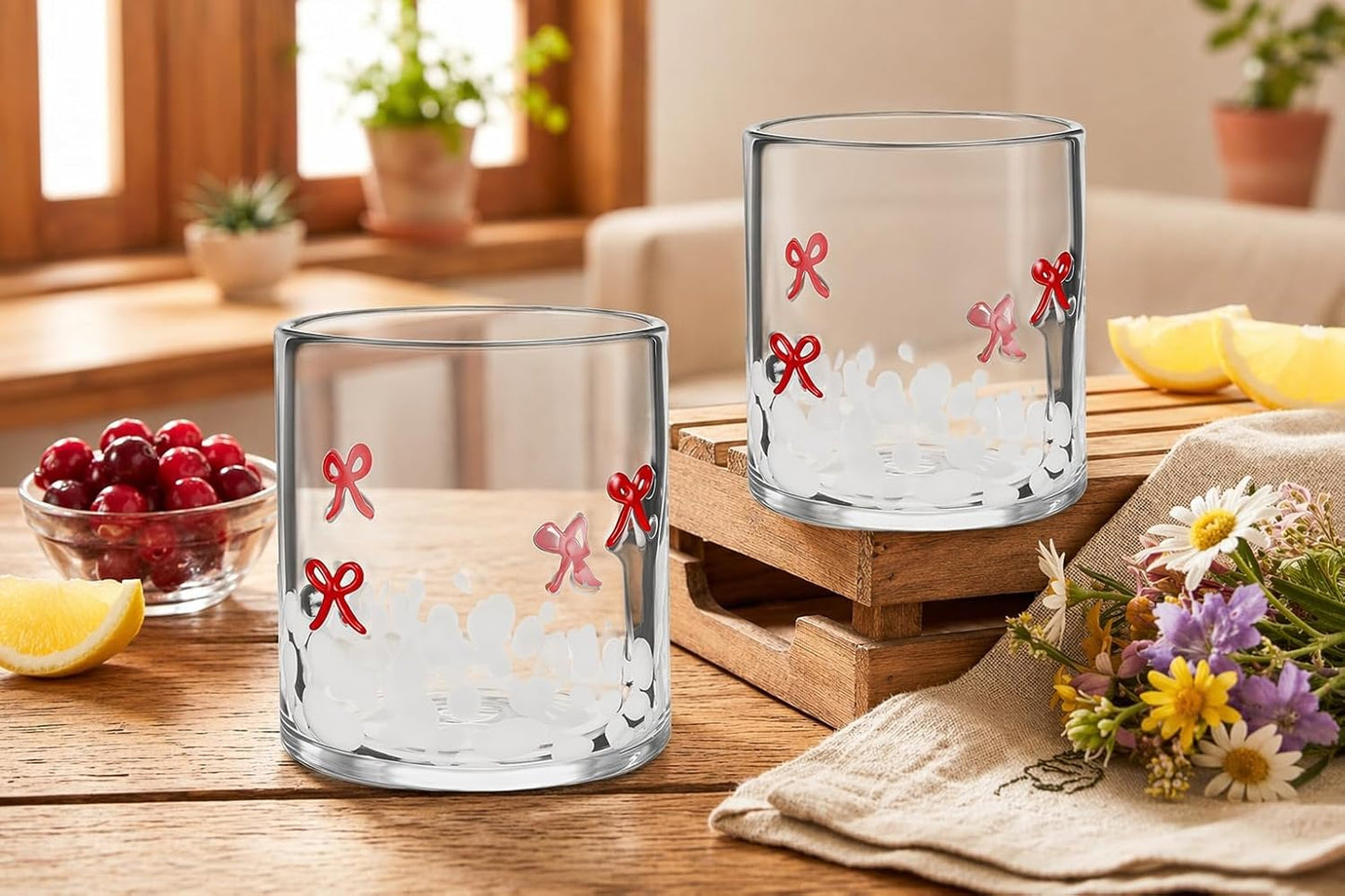 2 Vases Vidrio Doble Antiguo Lazo Rojo 16oz Bebida Fiesta