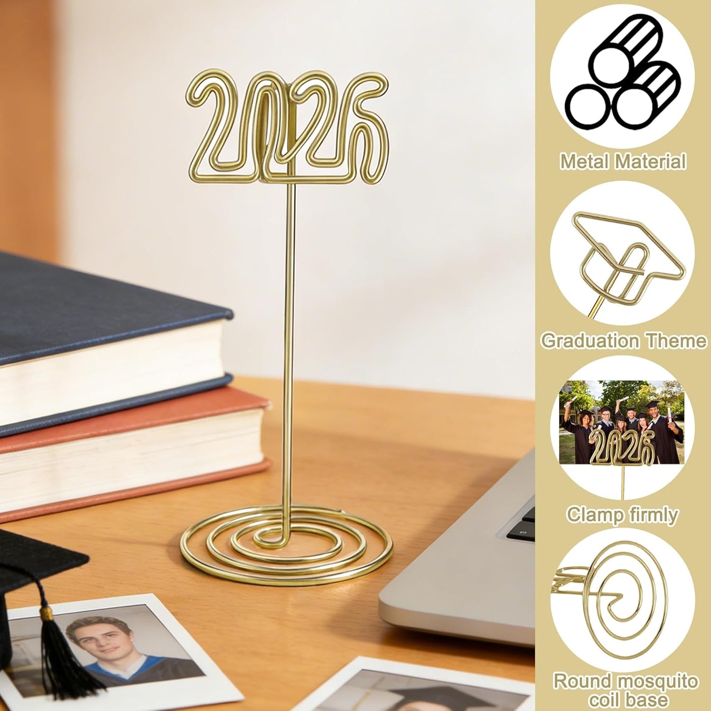 Soportes de fotos dorados de graduación 2026 para centros de mesa y tarjetas