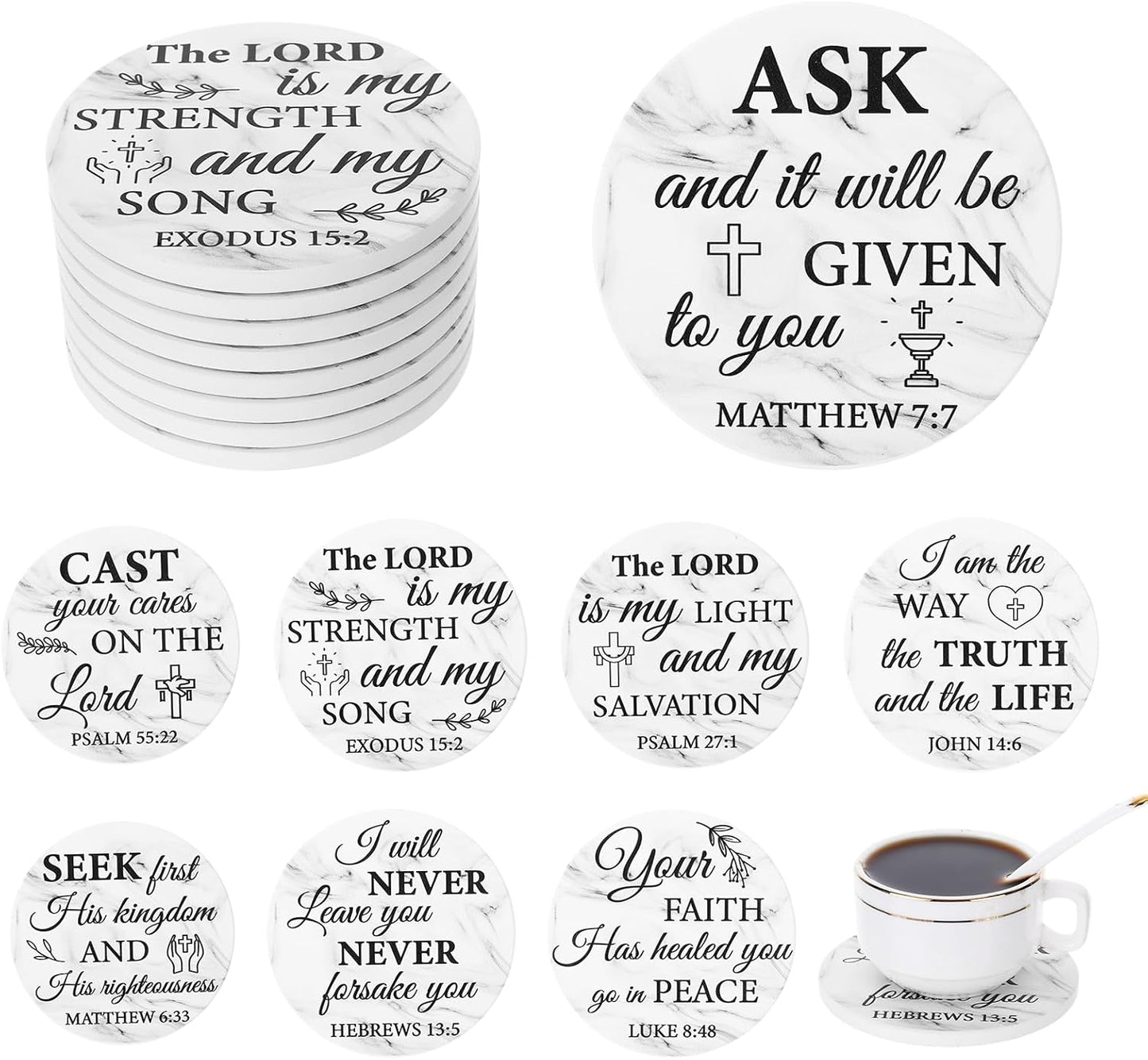 Juego de 8 posavasos cerámica con versículos bíblicos y soporte decorativo cristiano