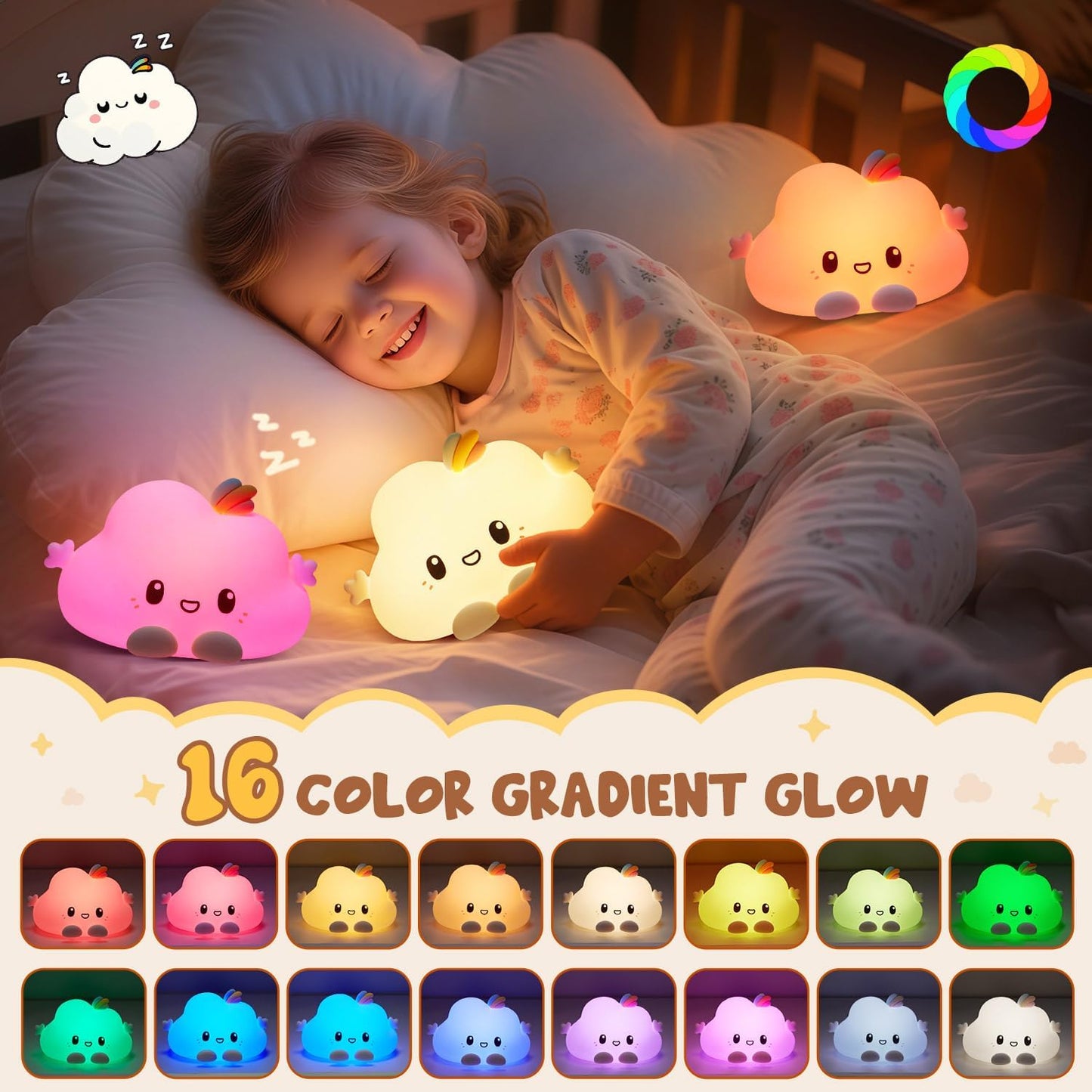 Luz Nocturna Nube Recargable 16 Colores con Control Remoto