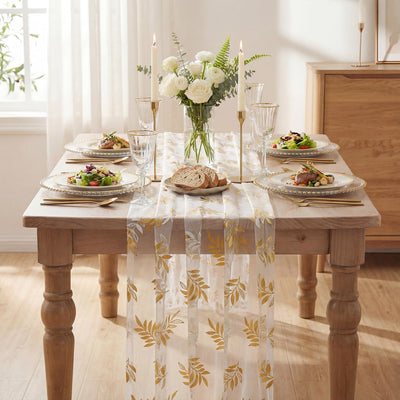 Camino de mesa de gasa beige con hojas doradas 10 pies para comedor y eventos