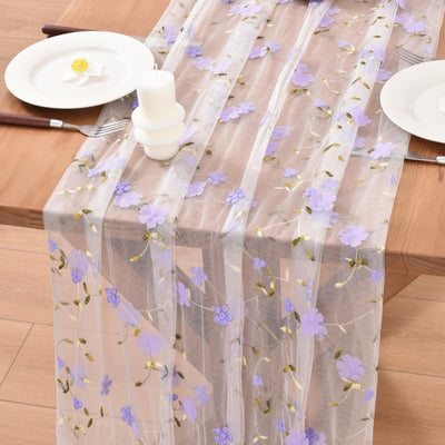 Camino de mesa floral lila para primavera y verano, gasa de 10 pies, flores transparentes