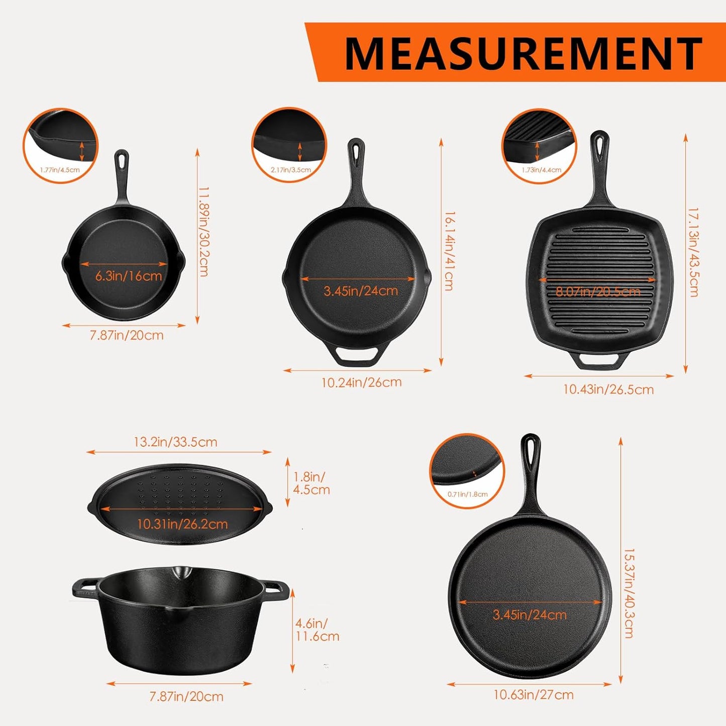 Juego de utensilios de cocina de hierro fundido pre-sazonado de 6 piezas con horno holandés de 5 cuartos