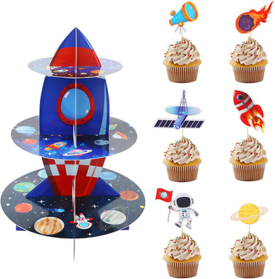 Soporte espacial para cupcakes temática galaxia 3 niveles 12 piezas