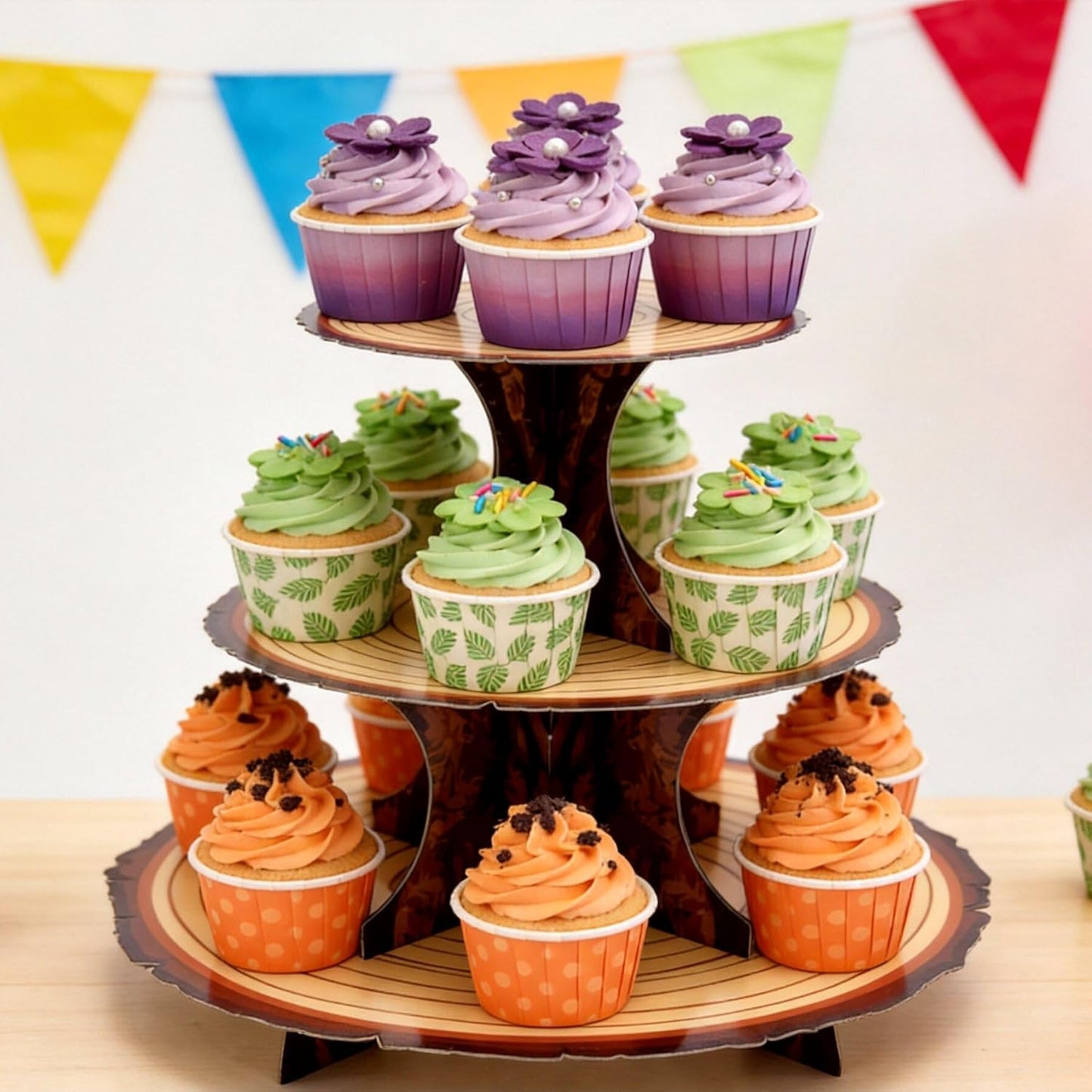 Soporte cupcakes madera rústica 3 niveles temática bosque