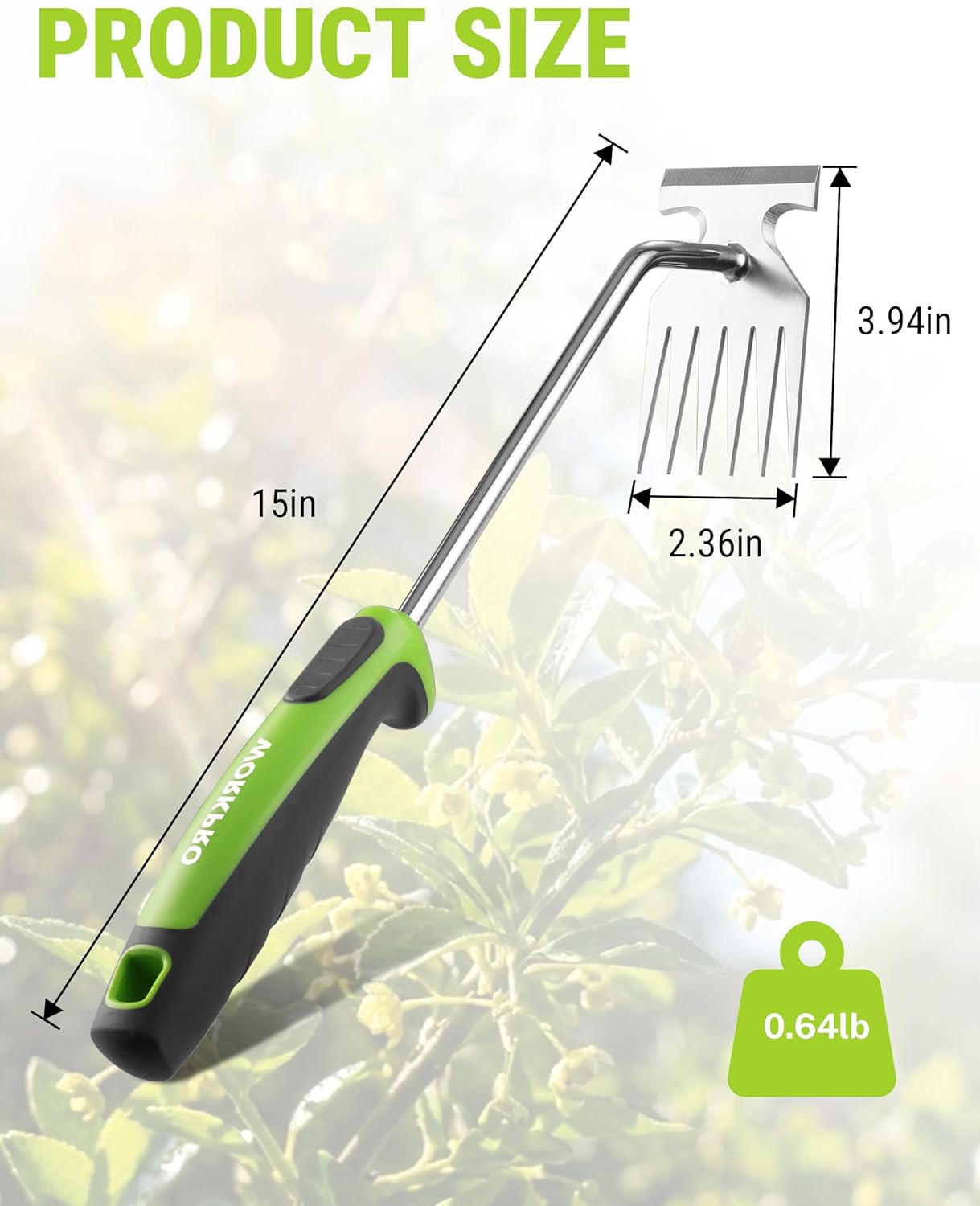 Extractora malezas 15pulg acero inox 6dientes agarre ergonómico