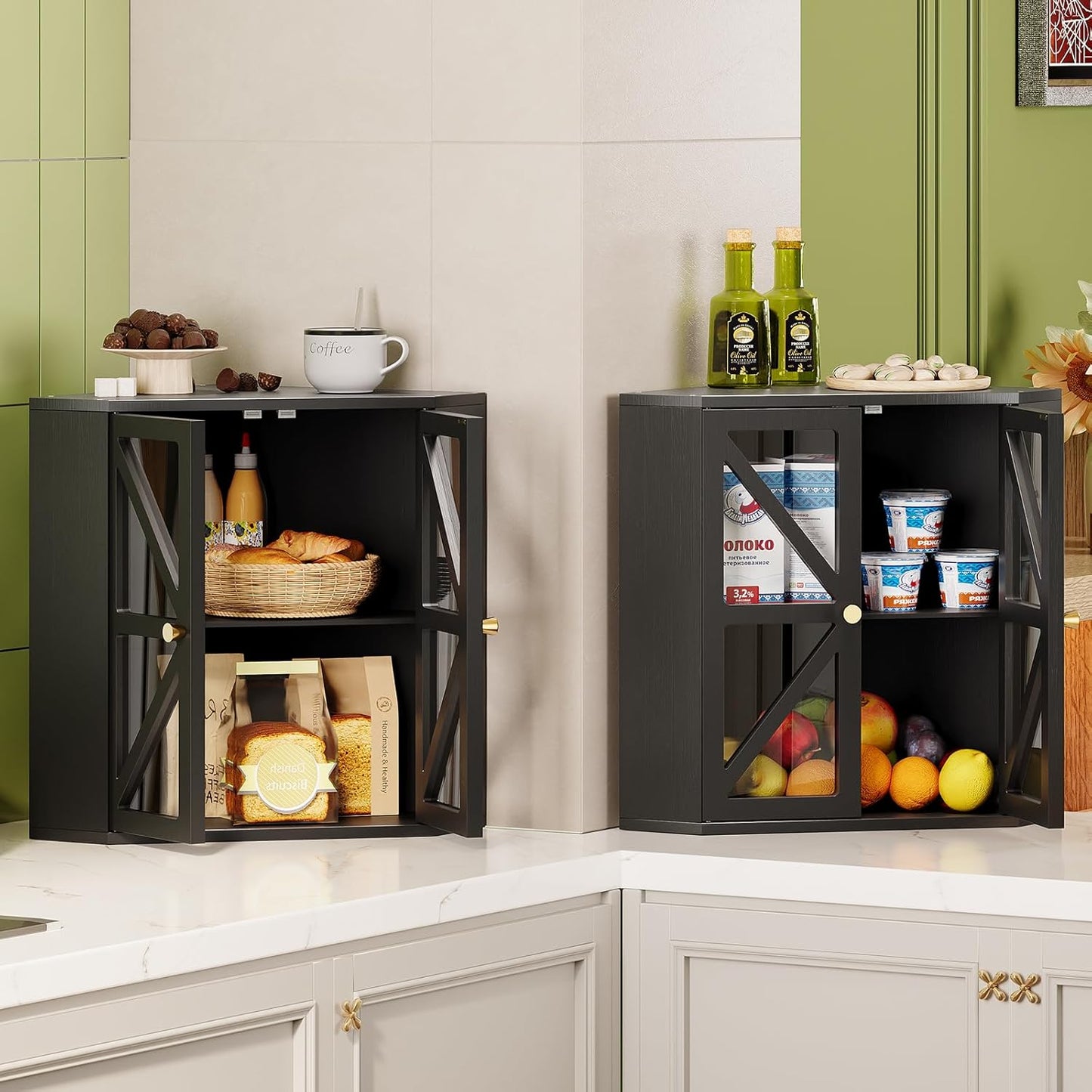 Panera de esquina bambú con puertas acrílicas transparentes negro