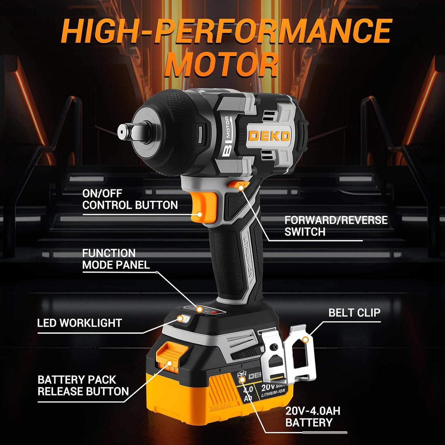 Llave impacto inalámbrica 1/2 pulg 800 Nm batería 4 Ah luz LED
