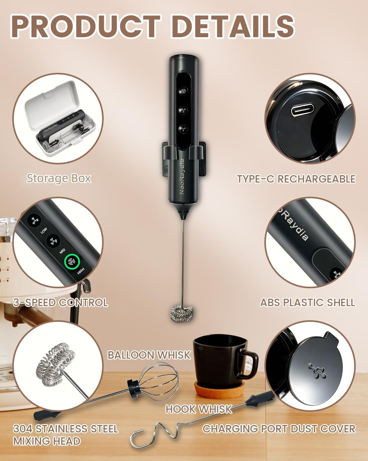 Espumador de leche eléctrico recargable para café, matcha, latte y batidos