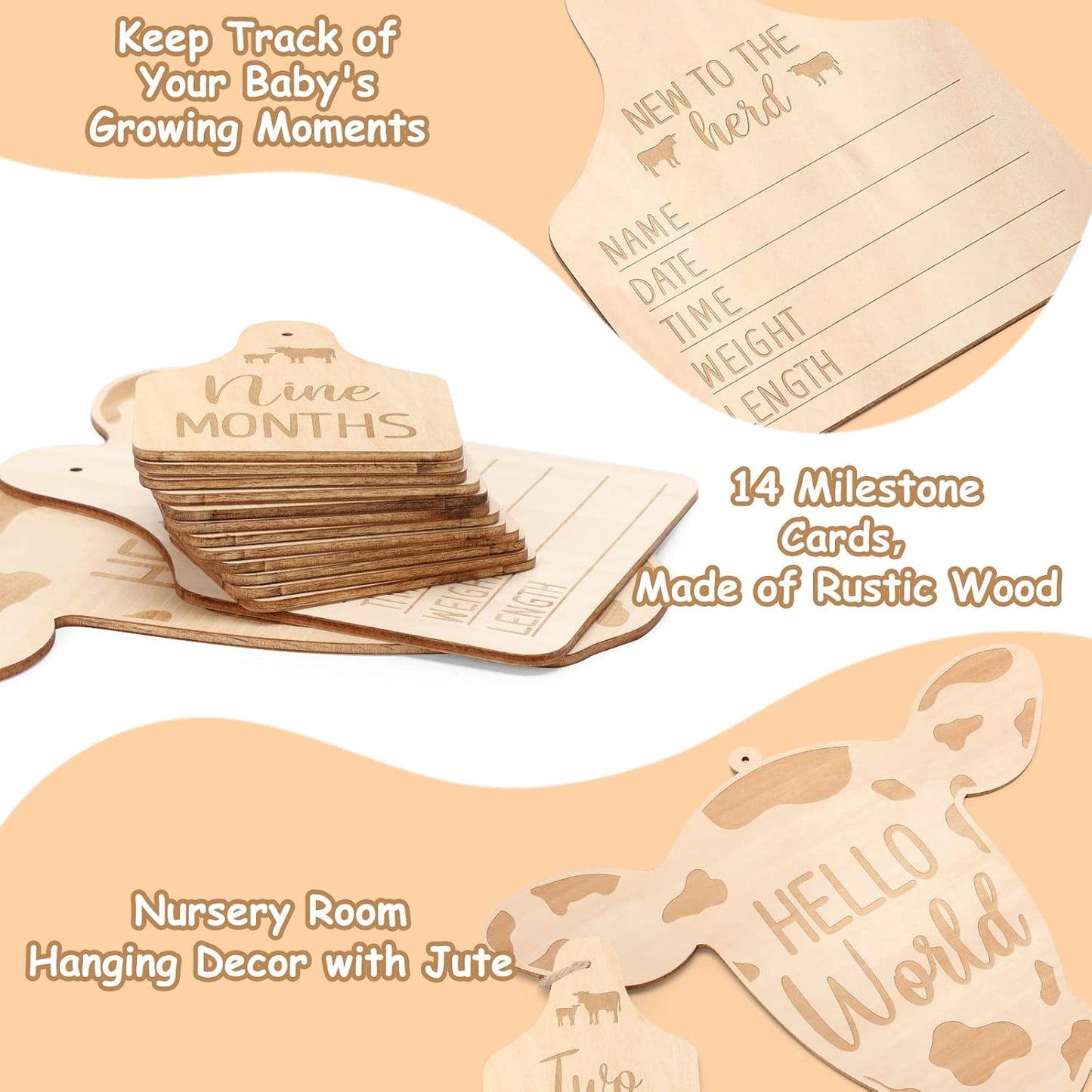 Tarjetas hitos vaca madera bebé regalo neutro