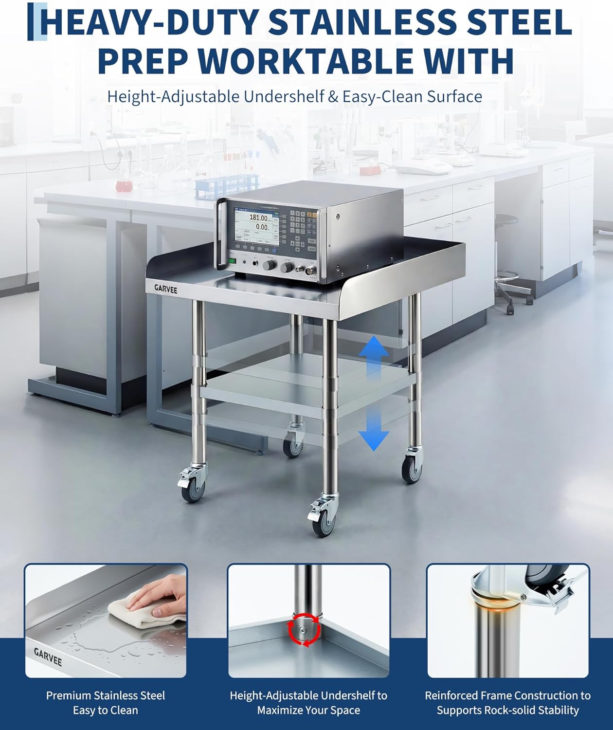 Mesa trabajo acero inox 24x36pulg ruedas respaldo ajustable