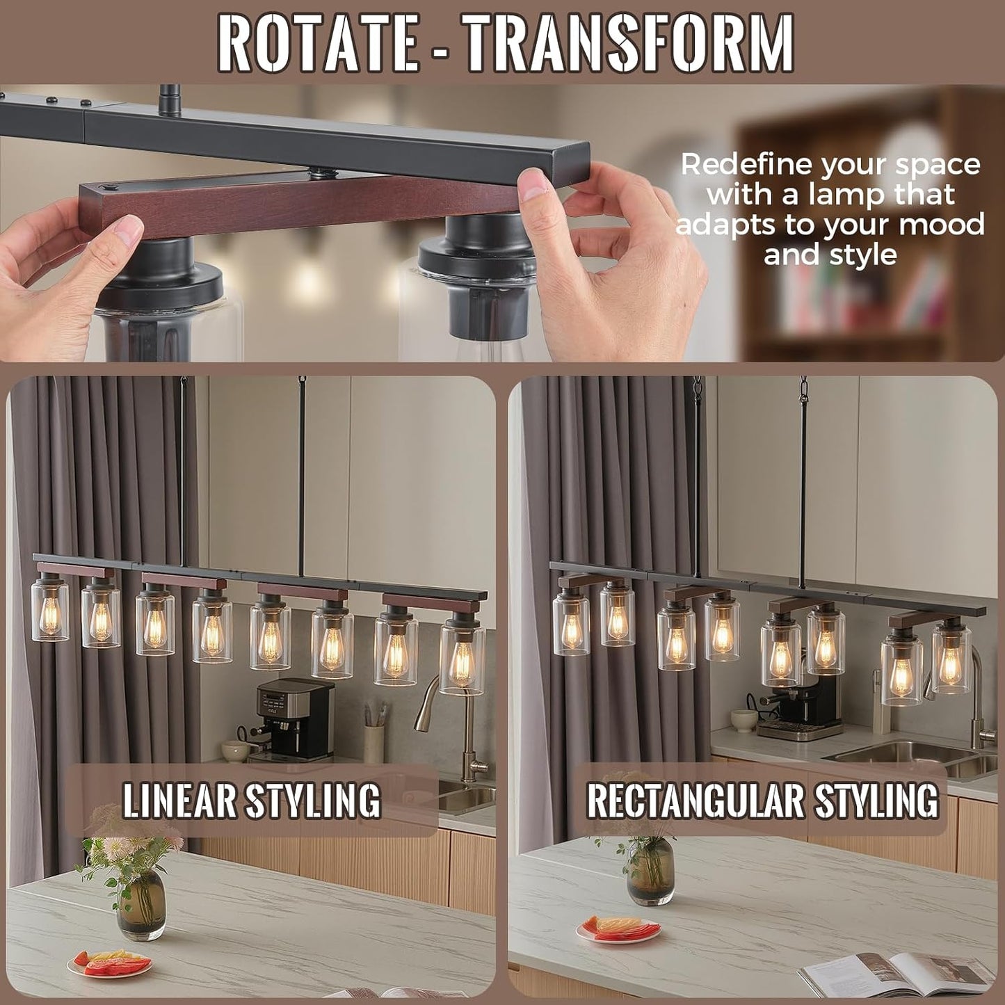 Iluminación isla cocina 8 luces lámpara lineal rústica 60pulg