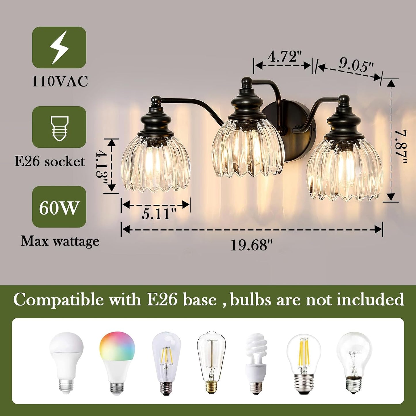Lámpara baño 3 luces negro pantalla cristal E26