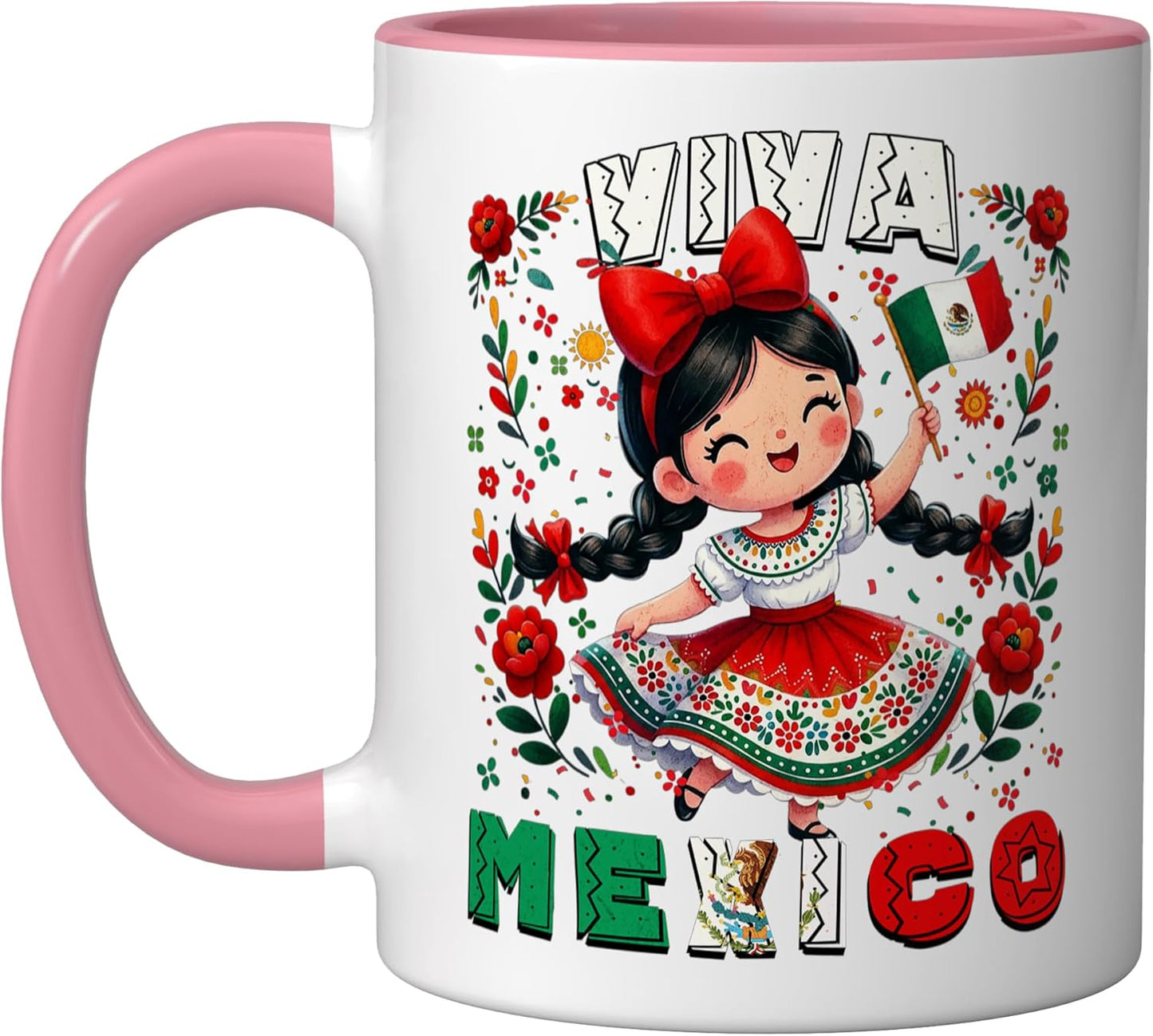 Taza de cerámica con diseño de bandera mexicana en rosa y blanco