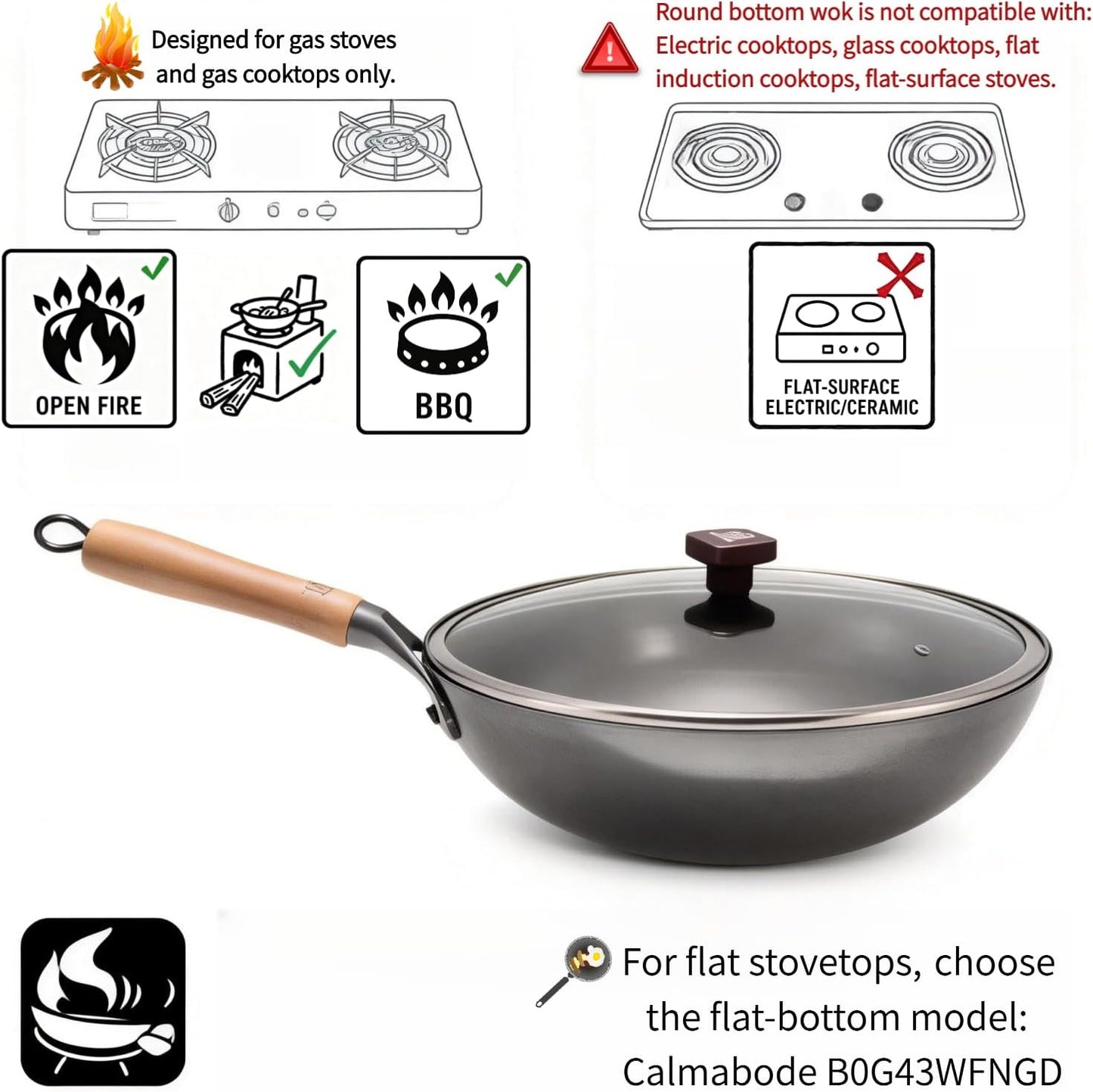 Wok acero al carbono 12pulg con tapa para estufas gas