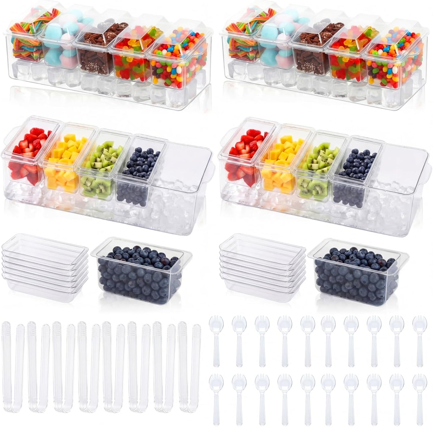 Set 4 bandejas condimentos hielo 16x6pulg con recip. y cucharas