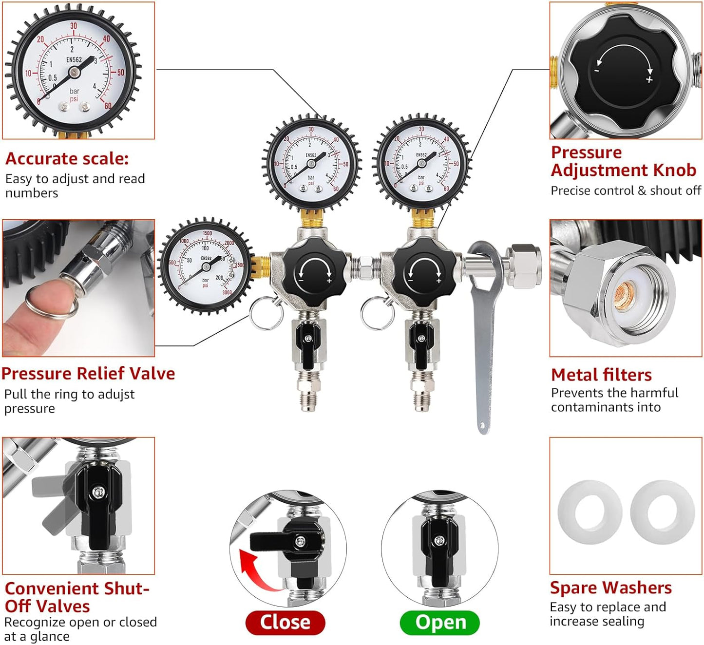 Regulador CO2 dual con llave tanque y colector 4 vías 0-60psi