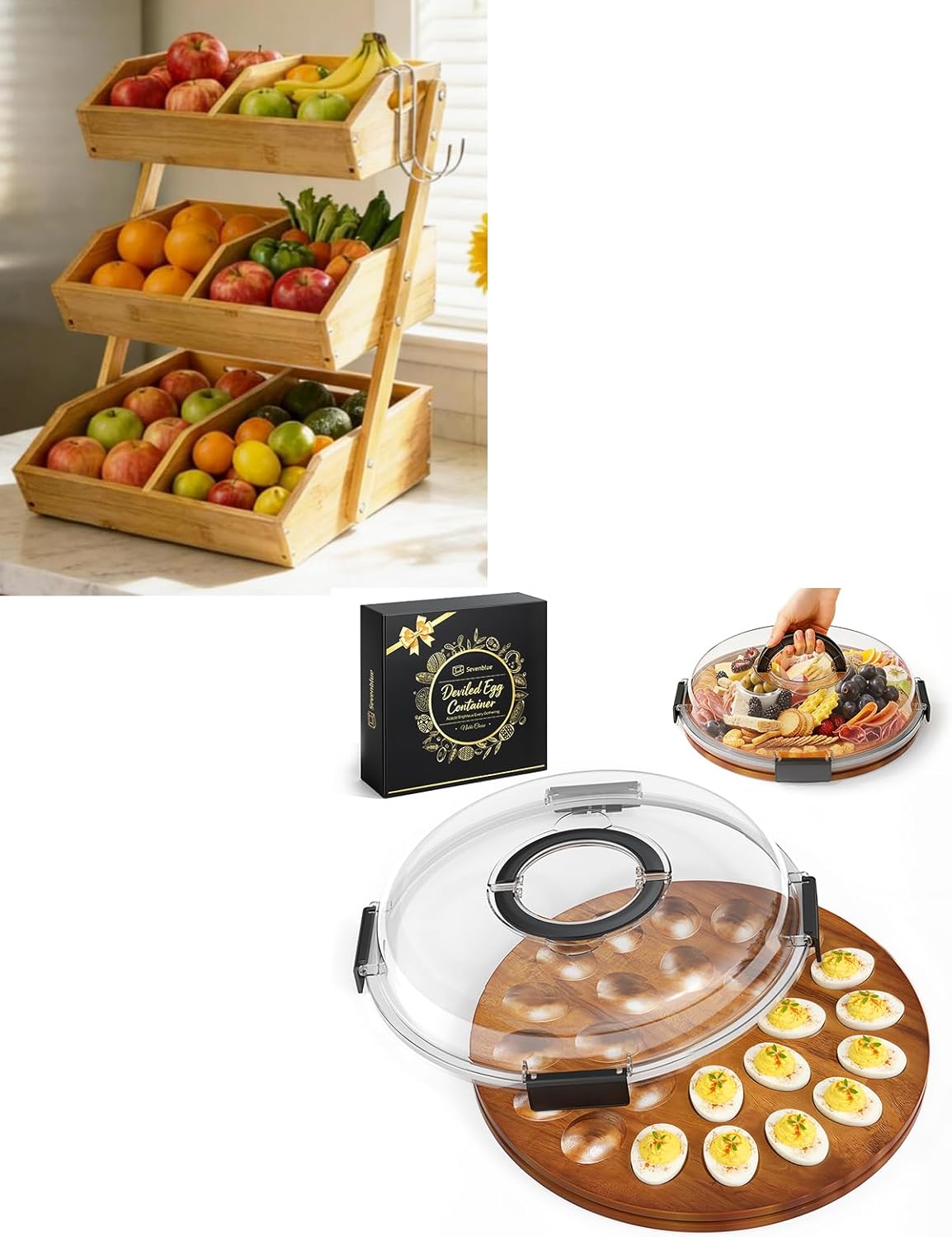 Cesta frutas bambú 3 niveles con recipiente acacia