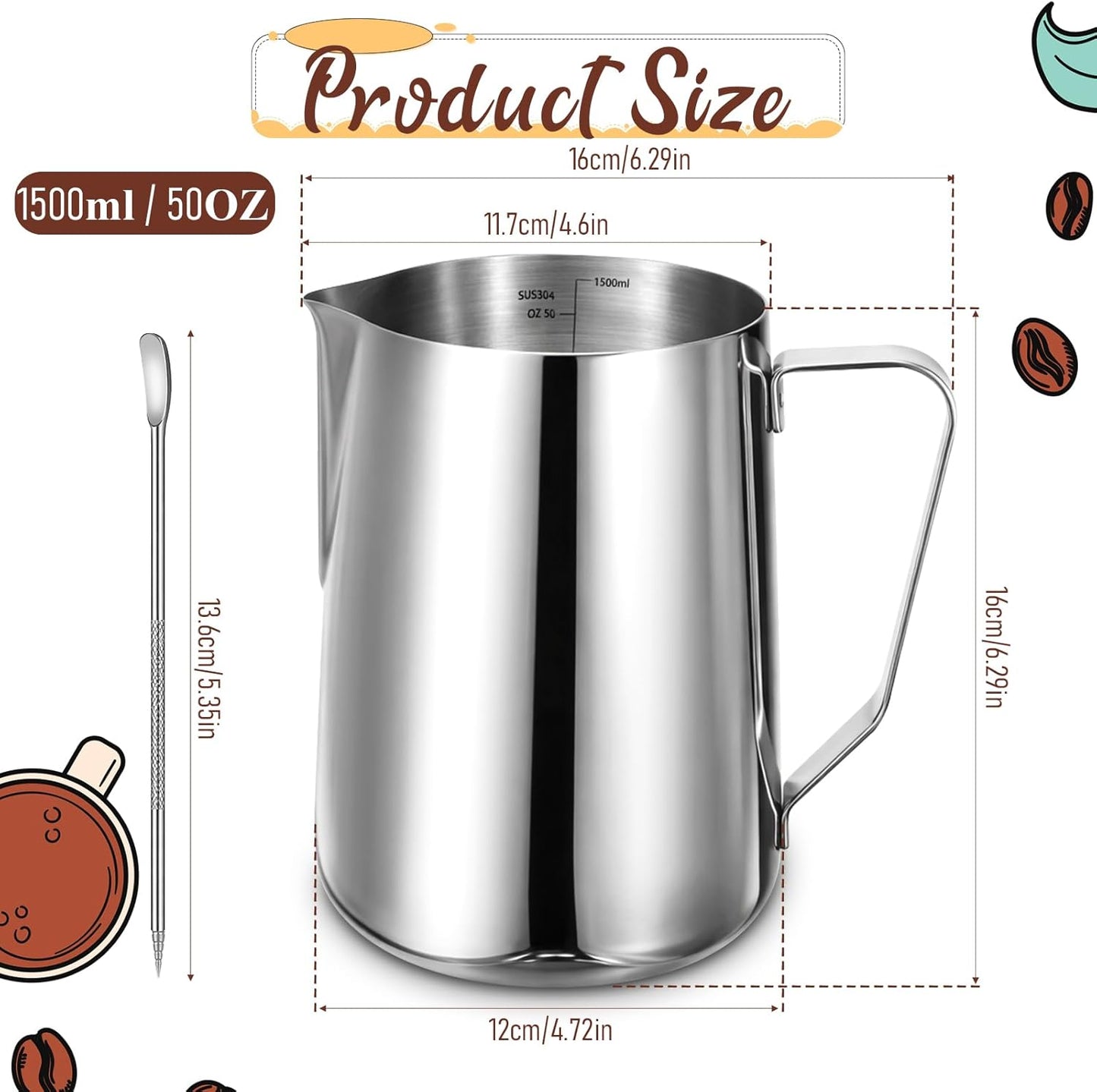 Jarra espuma leche acero inox 304 50oz para espresso capuchino