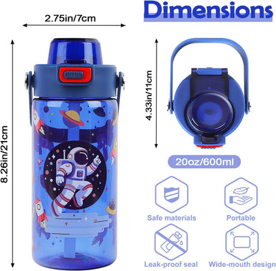 Botella de agua para niños 20 oz a prueba de fugas con popote y asa astronauta
