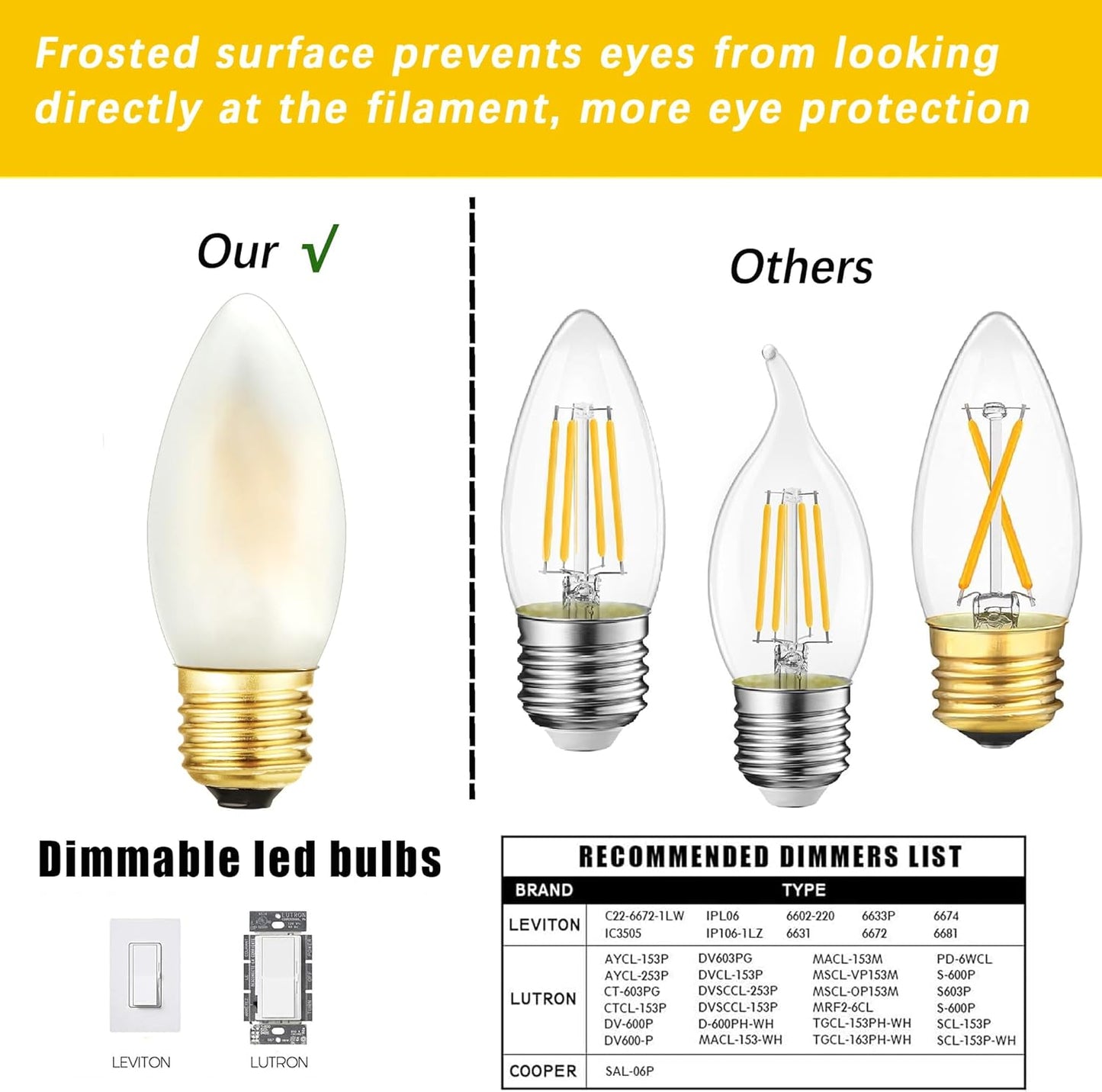 Bombilla LED E26 regulable 2700K blanco cálido 2W para candelabro