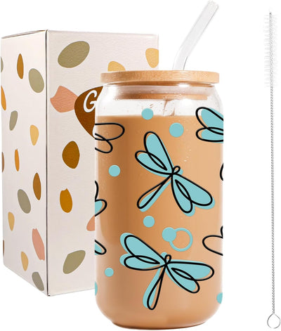 Taza vidrio libélula azul 16oz con tapa y pajita