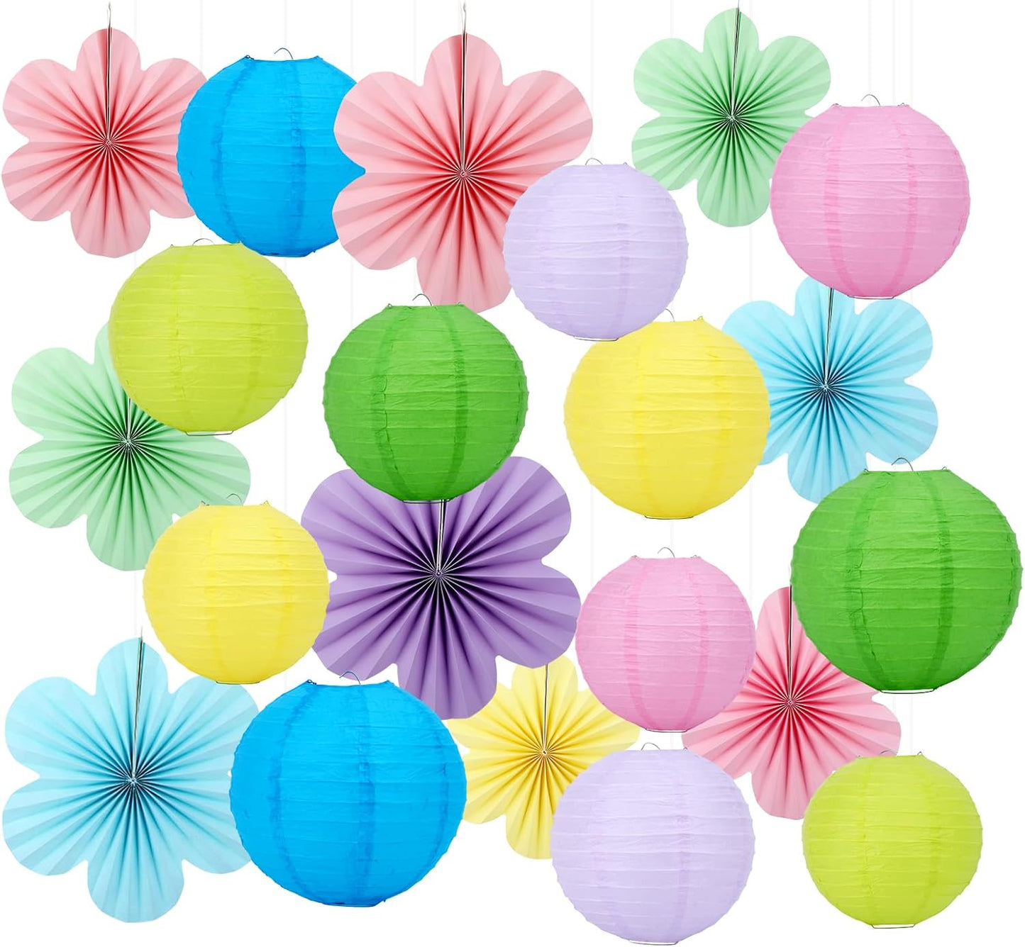 Set 21 decoraciones fiesta rosa faroles y abanicos papel